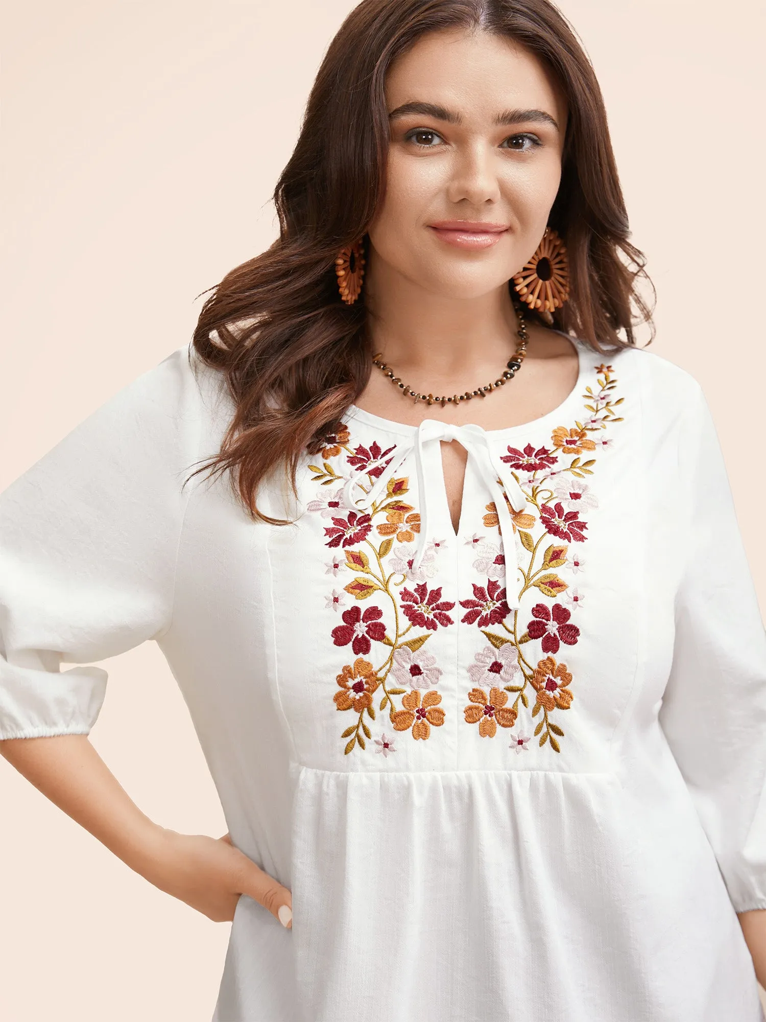 Floral Embroidered Tie Knot Lantern Sleeve Blouse sold by Bloomchic product image thumbnail 3