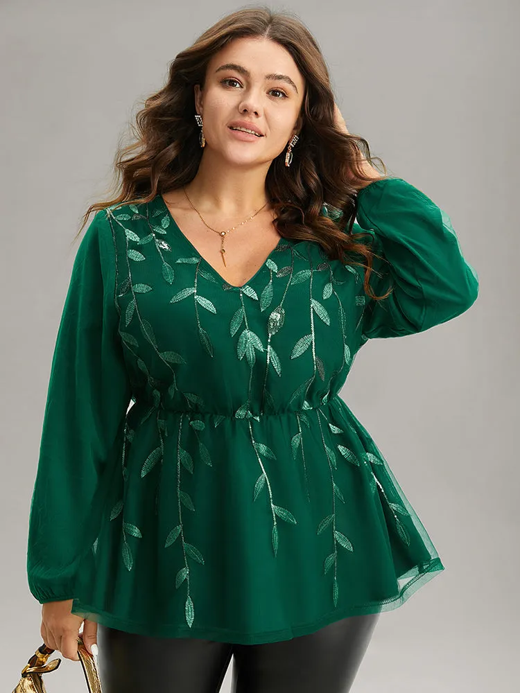 Leaves Embroidered Sequin Tiered Mesh Blouse sold by Bloomchic