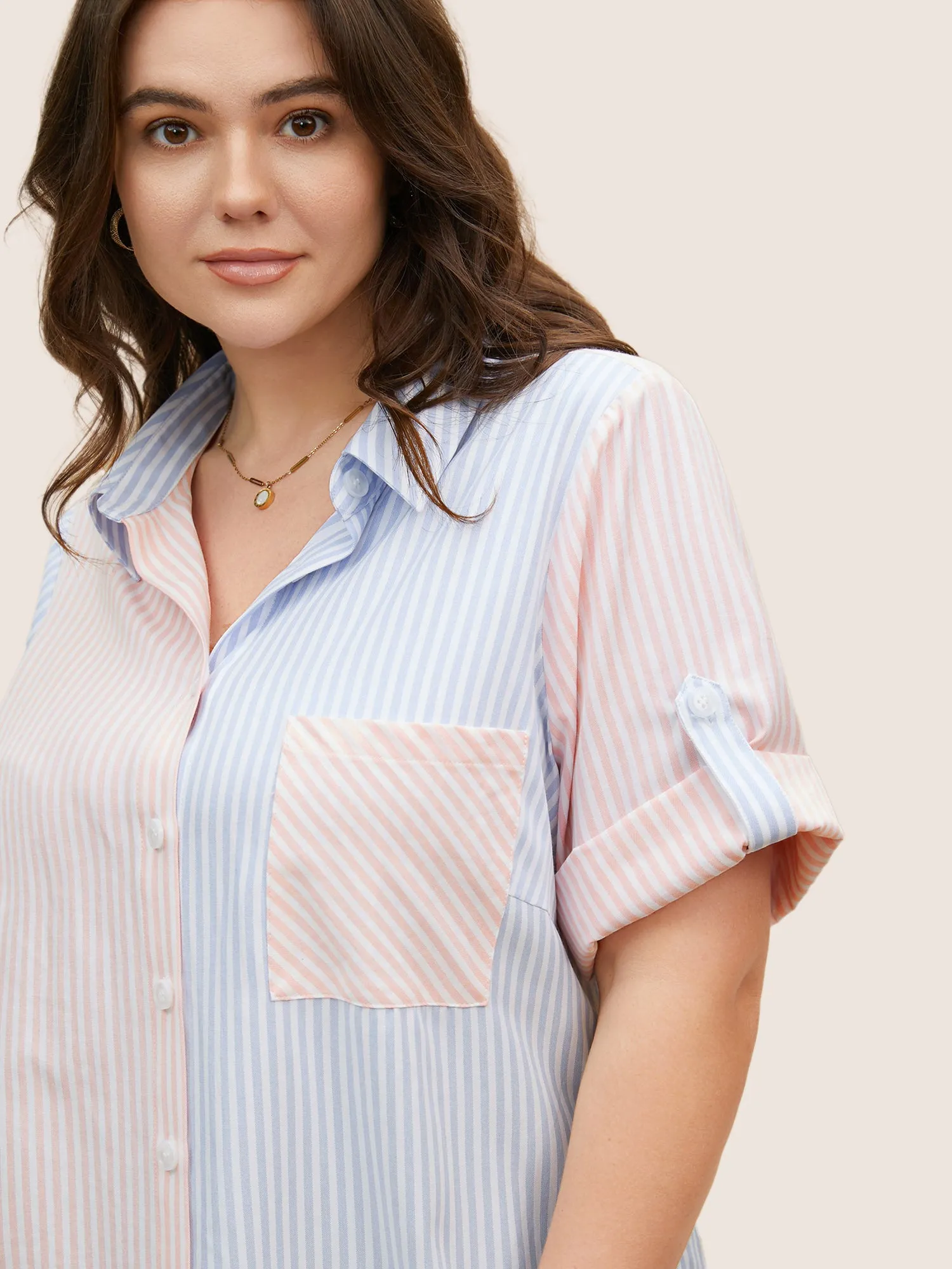 Striped Contrast Patched Pocket Tab Sleeve Blouse sold by Bloomchic product image thumbnail 4