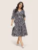 Geometric Elastic Waist Belted Tab Sleeve Dress sold by Bloomchic