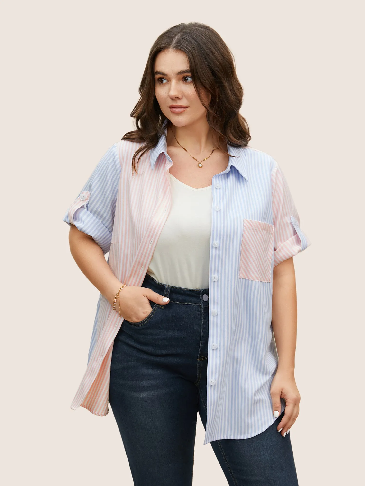 Striped Contrast Patched Pocket Tab Sleeve Blouse sold by Bloomchic