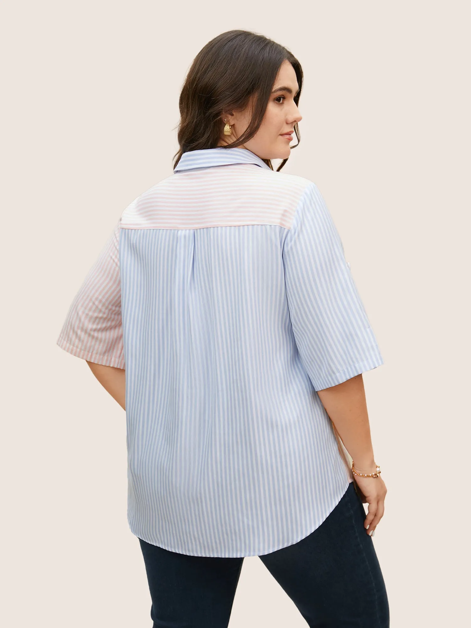 Striped Contrast Patched Pocket Tab Sleeve Blouse sold by Bloomchic product image thumbnail 5