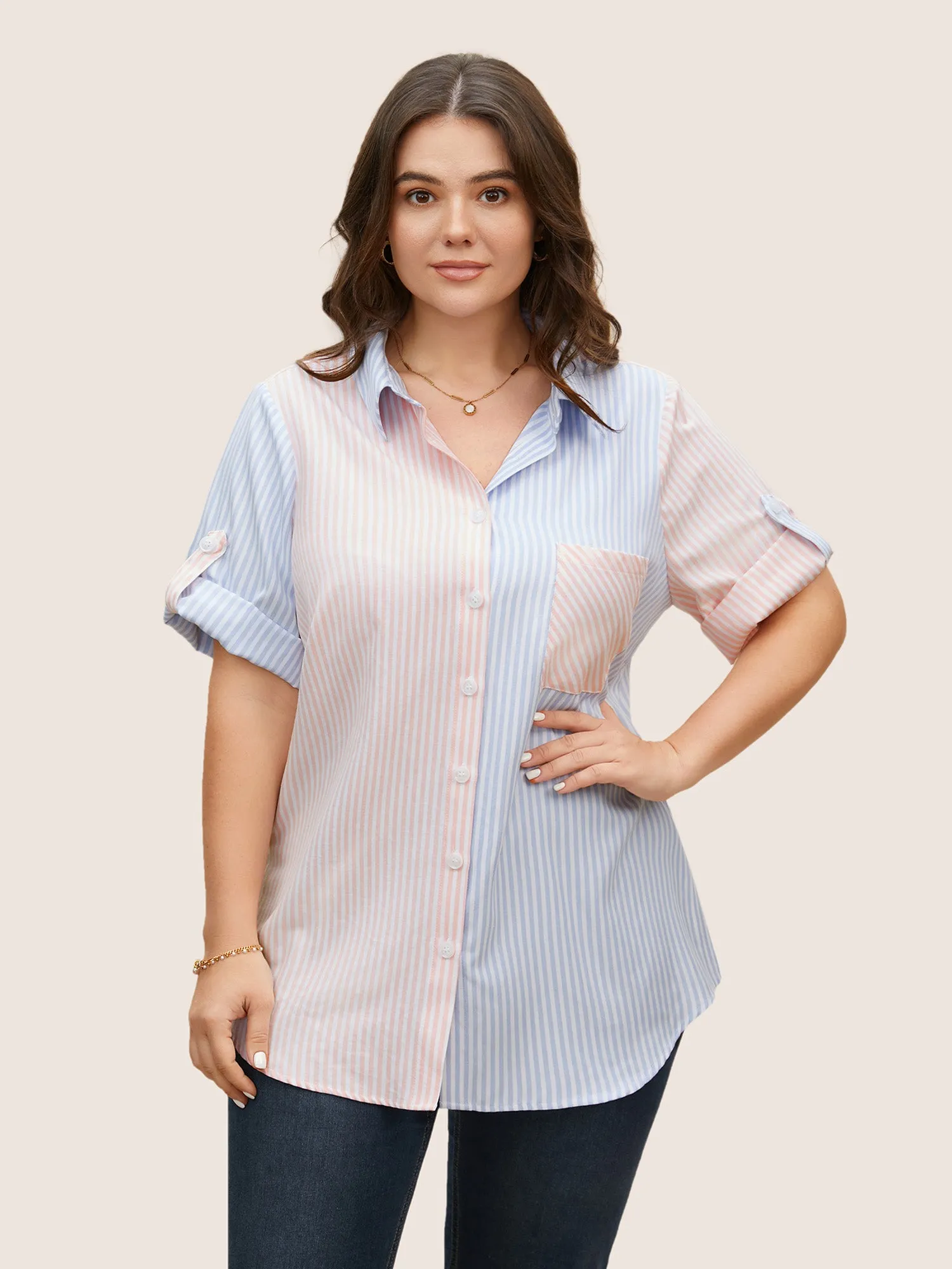 Striped Contrast Patched Pocket Tab Sleeve Blouse sold by Bloomchic product image thumbnail 3