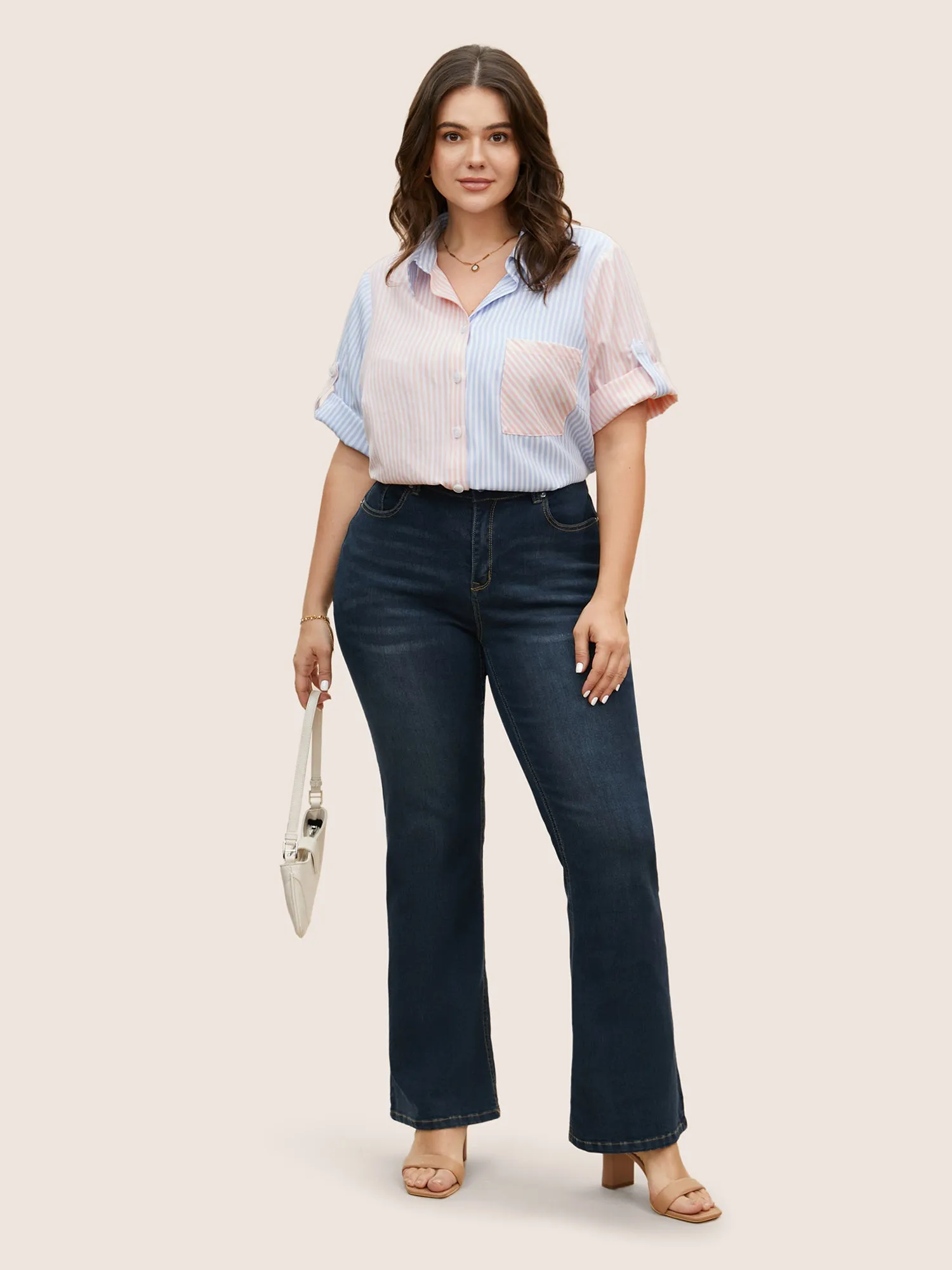 Striped Contrast Patched Pocket Tab Sleeve Blouse sold by Bloomchic product image thumbnail 2