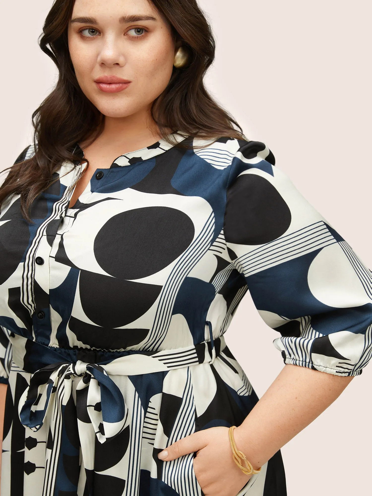 Geometric Belted Notched Button Up Dress sold by Bloomchic product image thumbnail 4