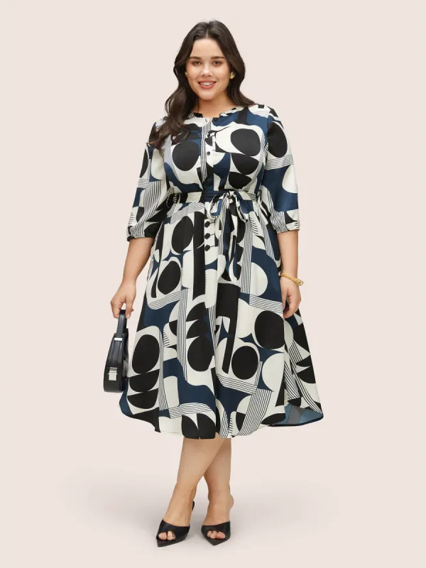 Geometric Belted Notched Button Up Dress sold by Bloomchic