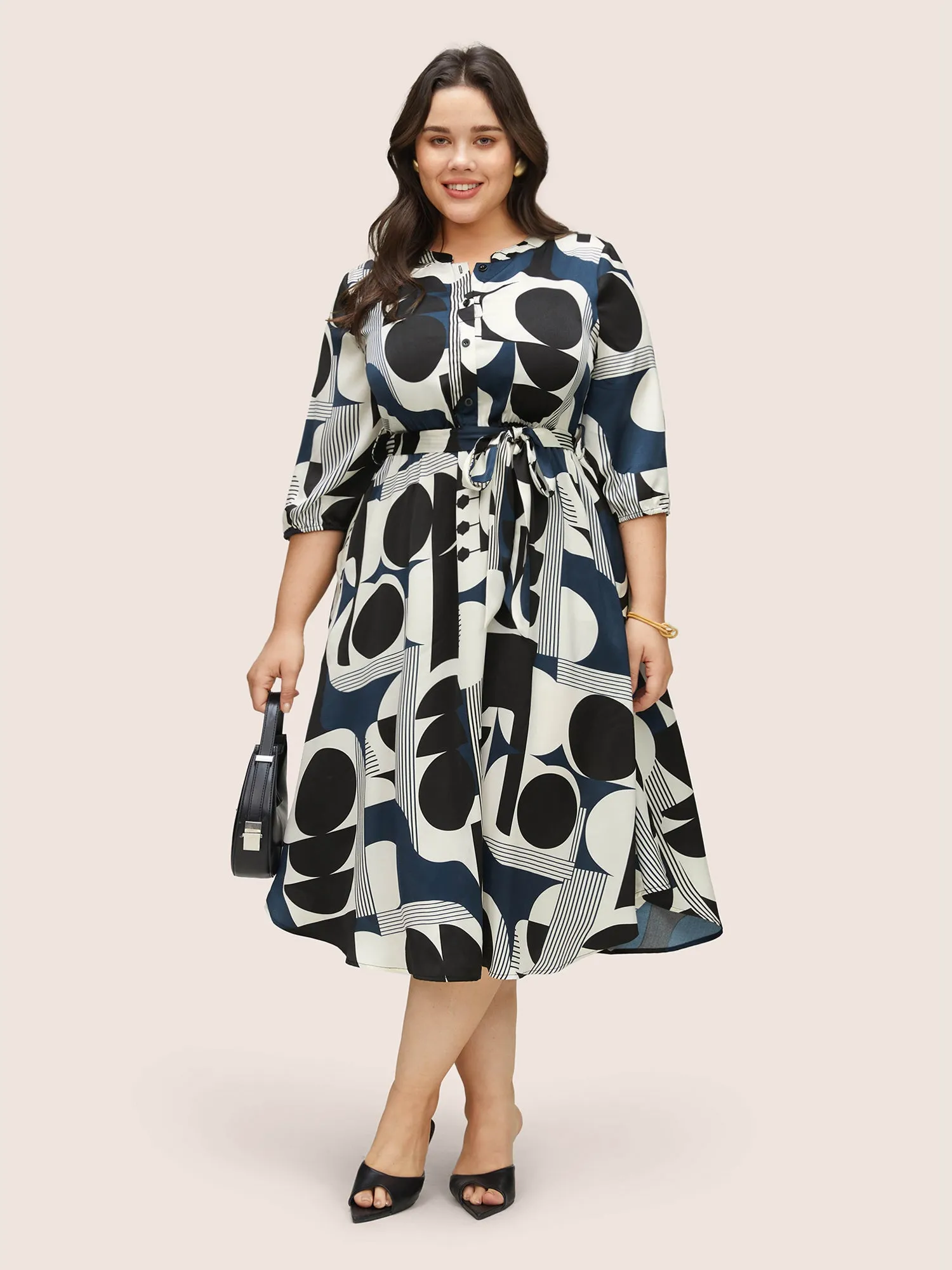 Geometric Belted Notched Button Up Dress sold by Bloomchic