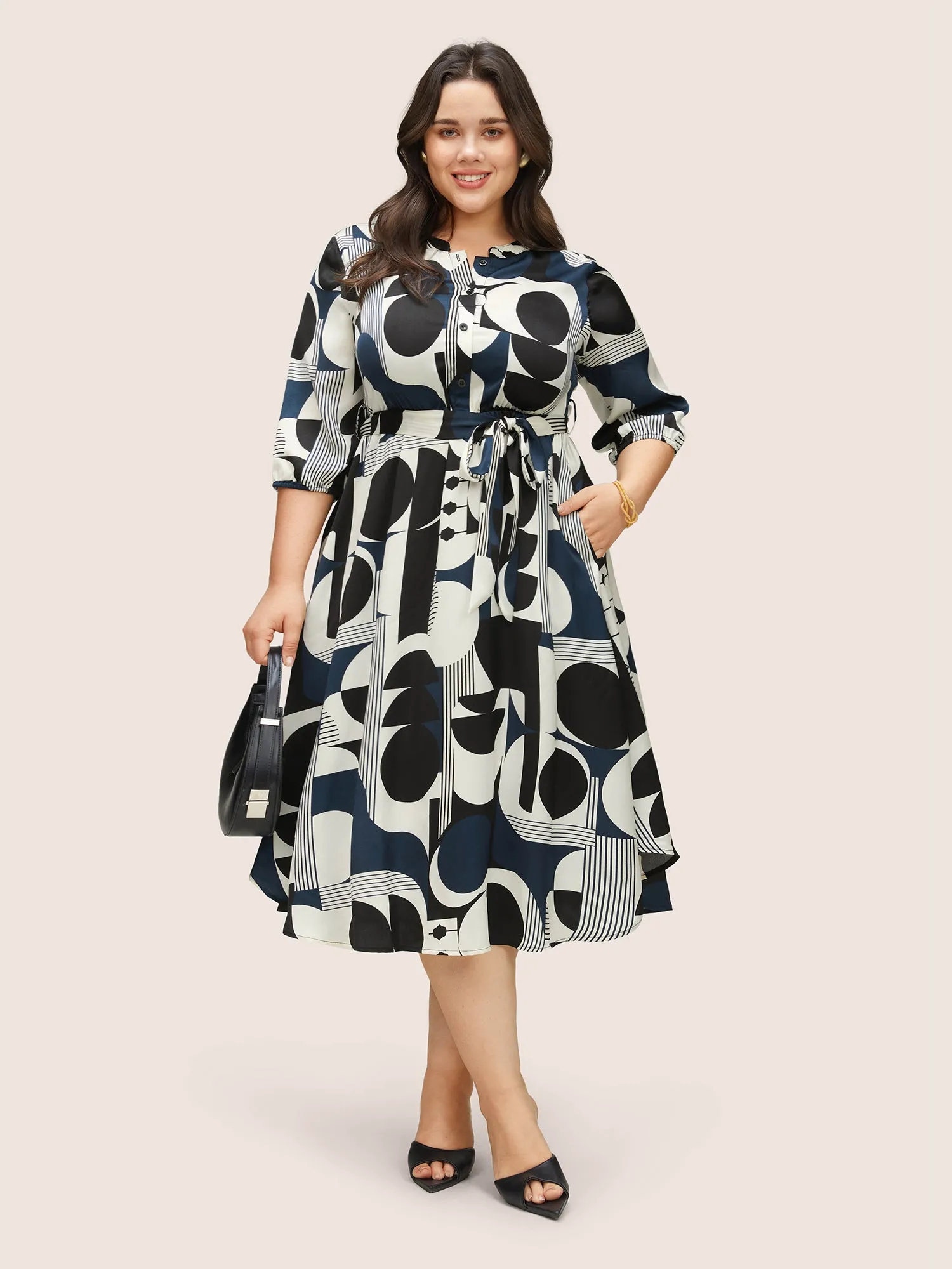 Geometric Belted Notched Button Up Dress sold by Bloomchic product image thumbnail 2