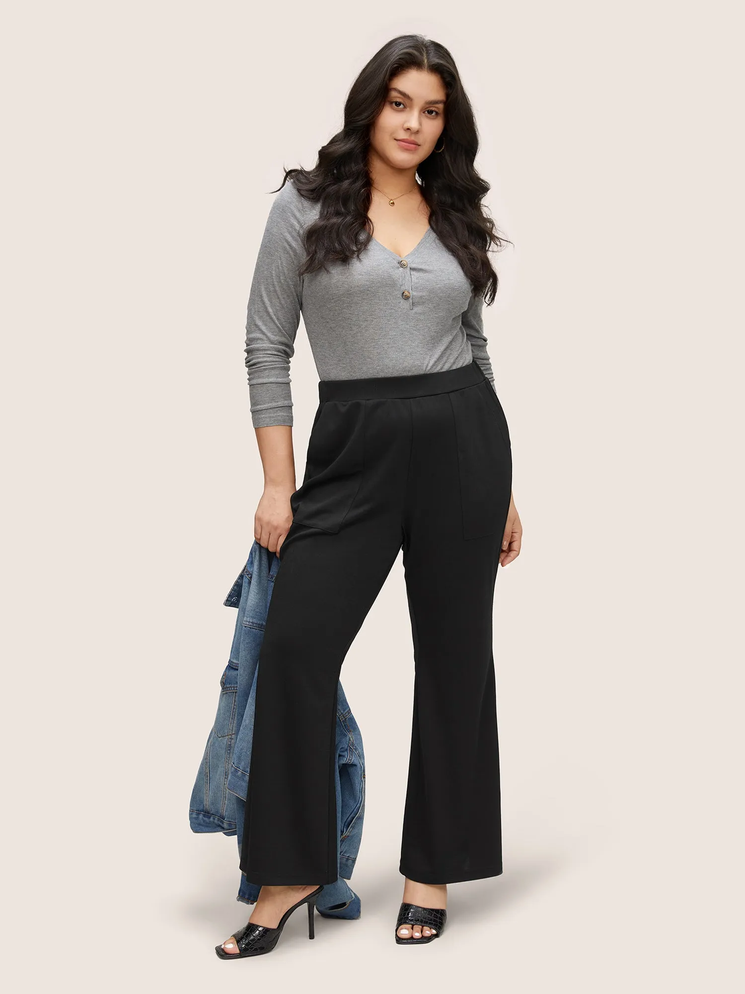 Solid Elastic Waist Pocket Flare Leg Pants sold by Bloomchic product image thumbnail 3