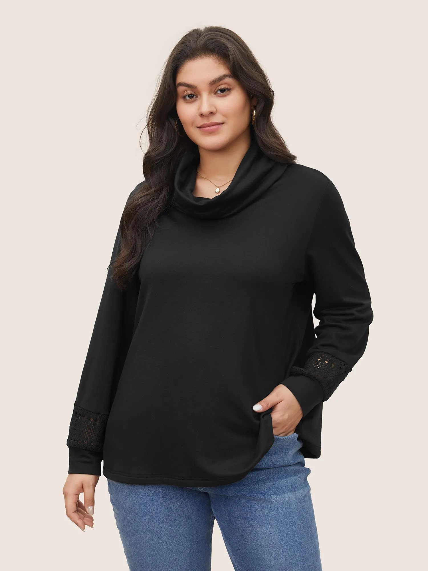 Plain Turtle Neck Crochet Lace Sweatshirt sold by Bloomchic