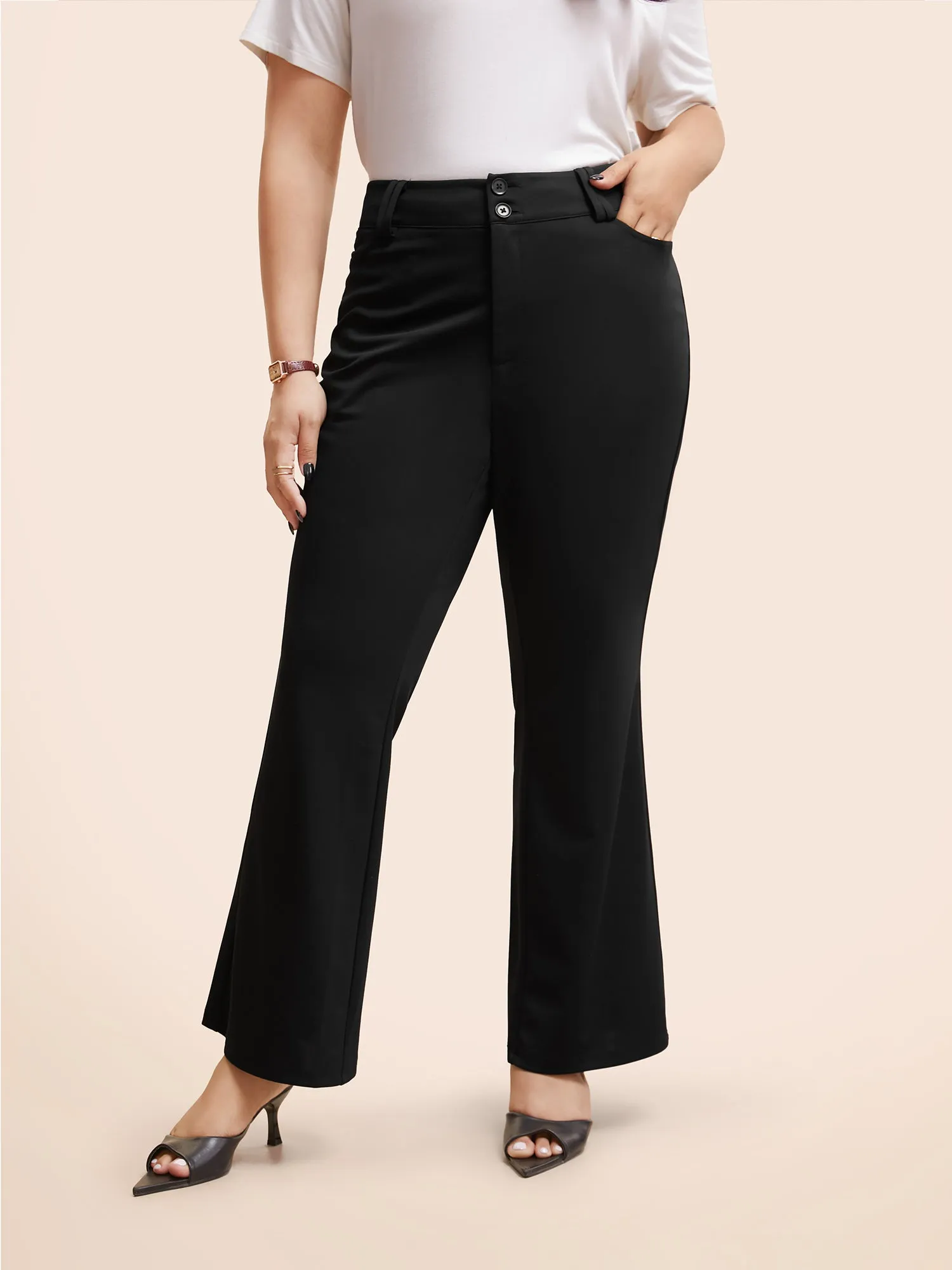 Stretch Woven Double Button Drape Pants sold by Bloomchic