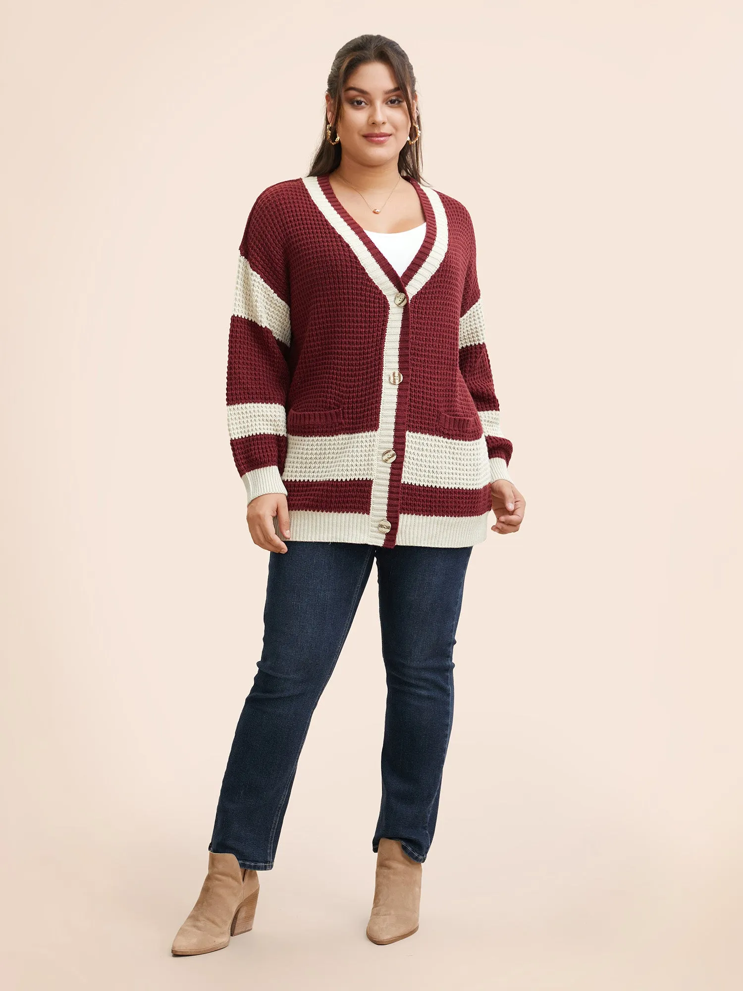 Colorblock Contrast Textured Patched Pocket Cardigan sold by Bloomchic product image thumbnail 4