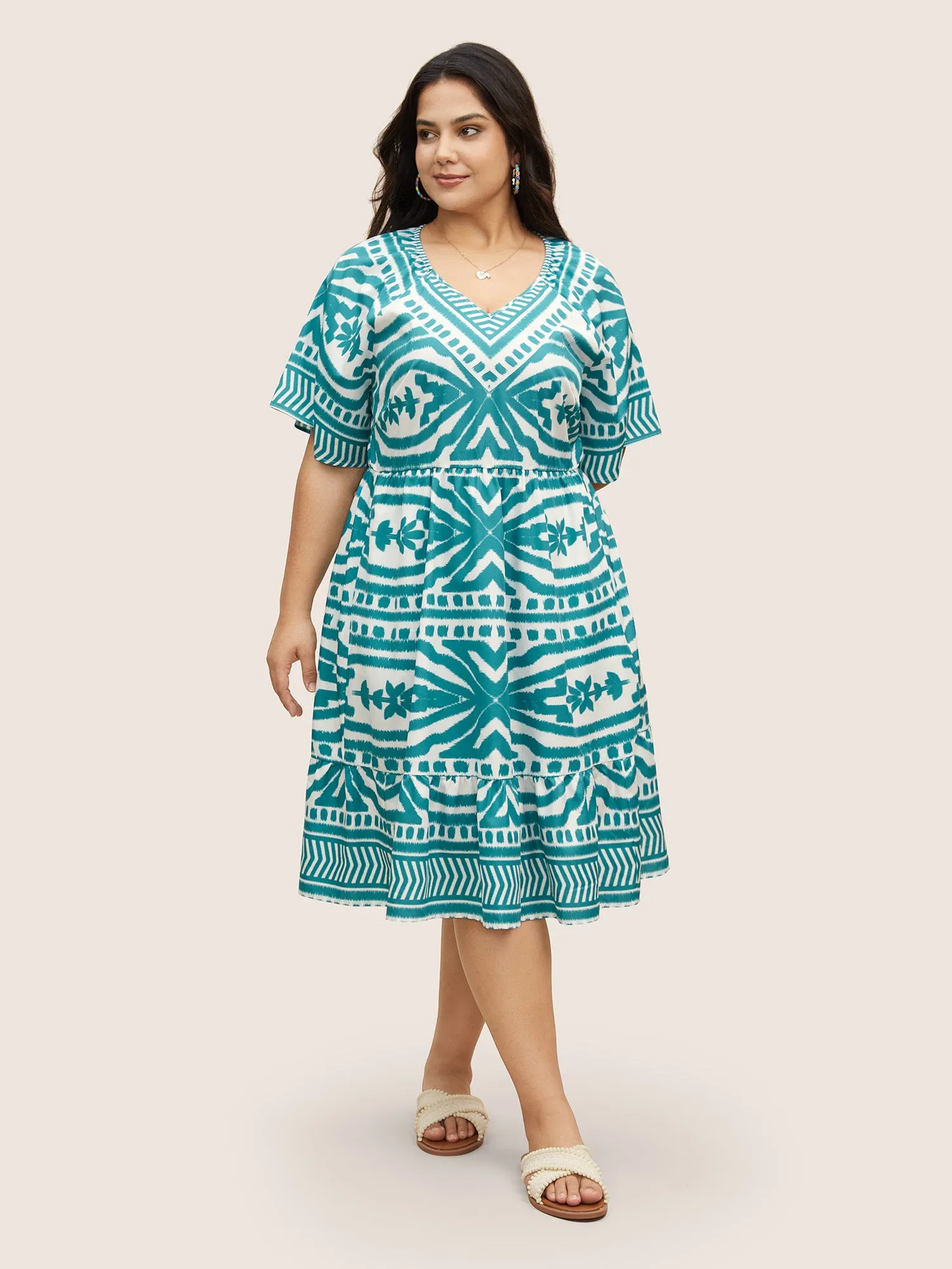 V Neck Boho Print Ruffle Sleeve Dress sold by Bloomchic product image thumbnail 2