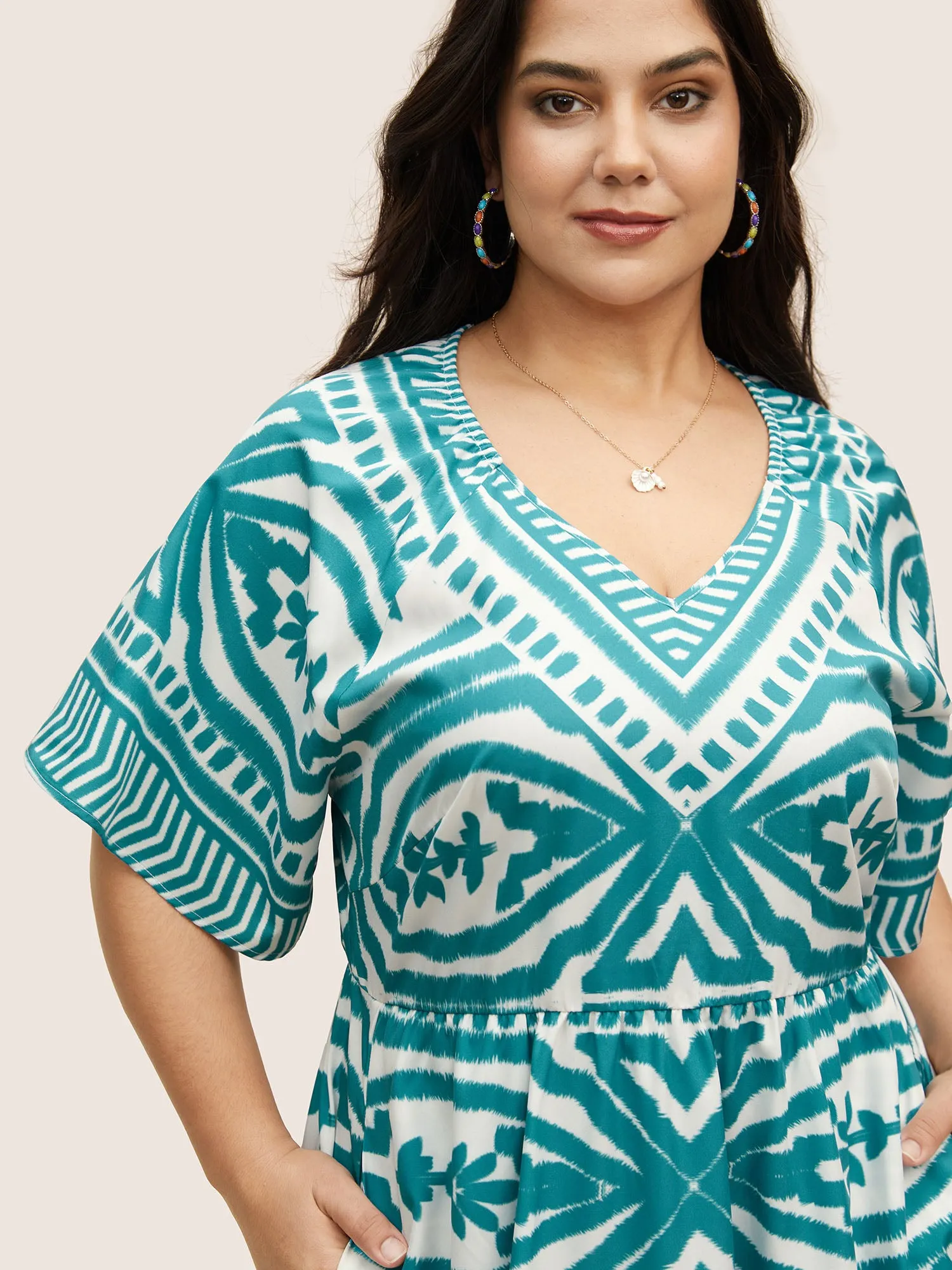 V Neck Boho Print Ruffle Sleeve Dress sold by Bloomchic product image thumbnail 4