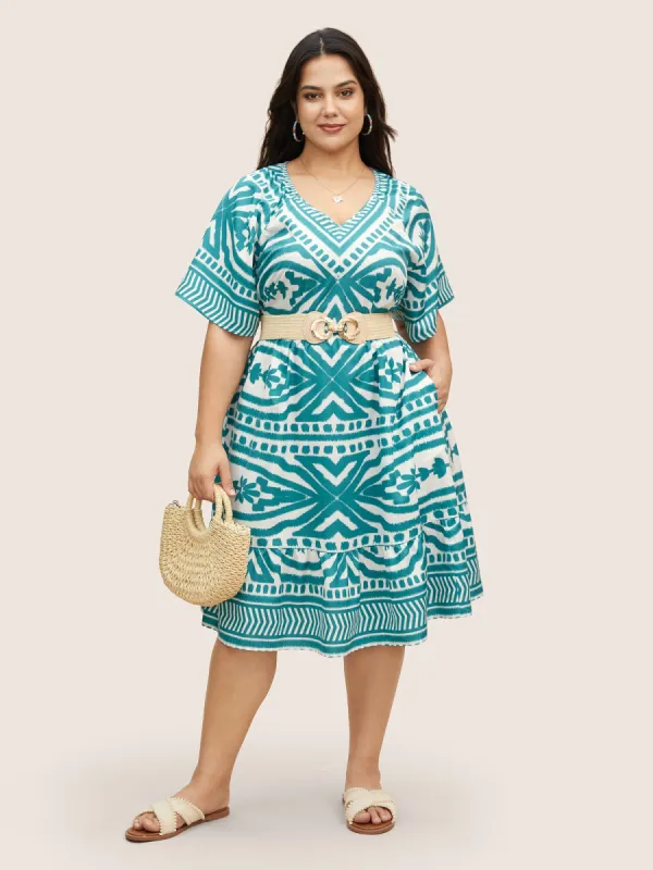 V Neck Boho Print Ruffle Sleeve Dress sold by Bloomchic