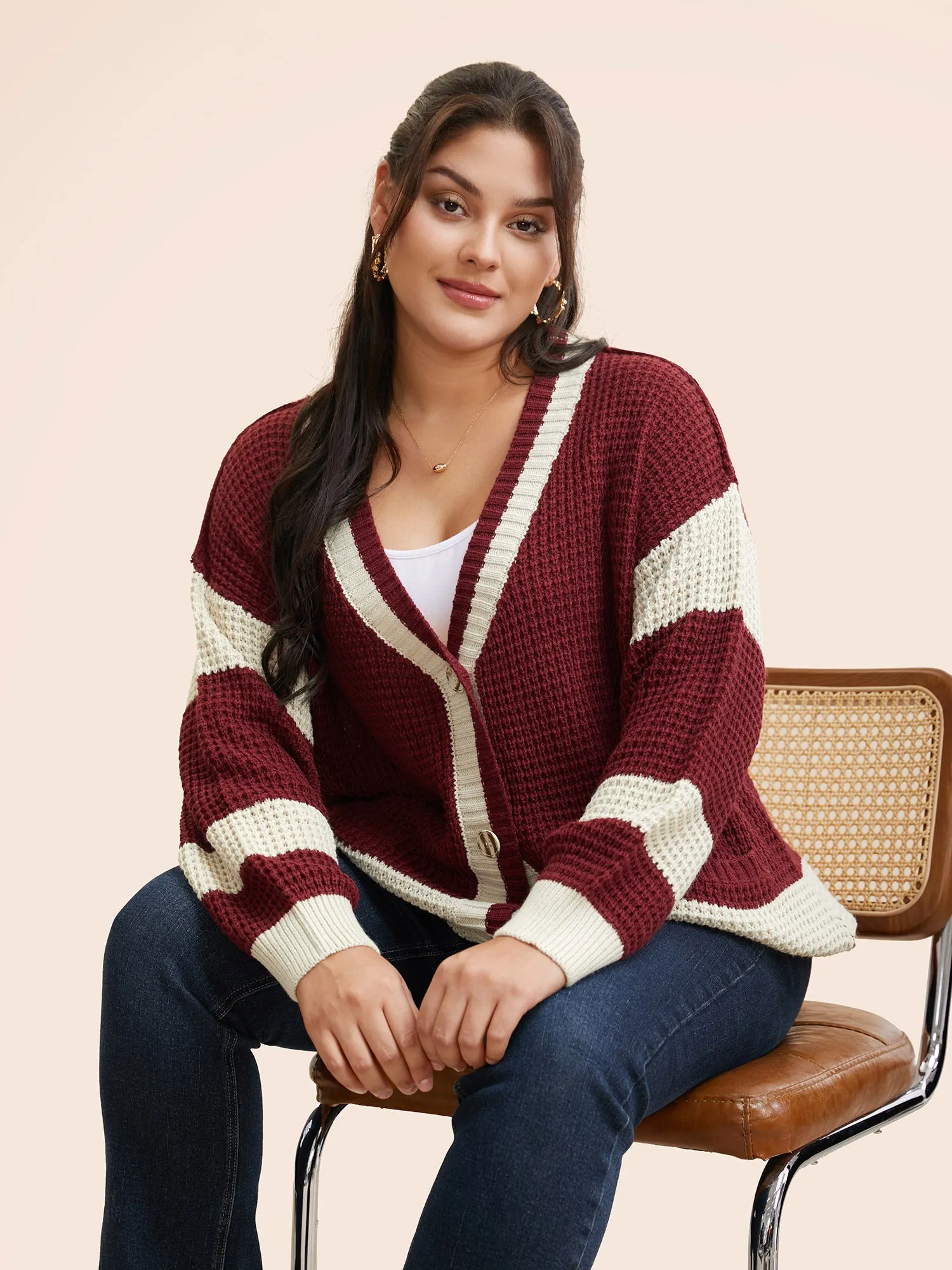 Colorblock Contrast Textured Patched Pocket Cardigan sold by Bloomchic
