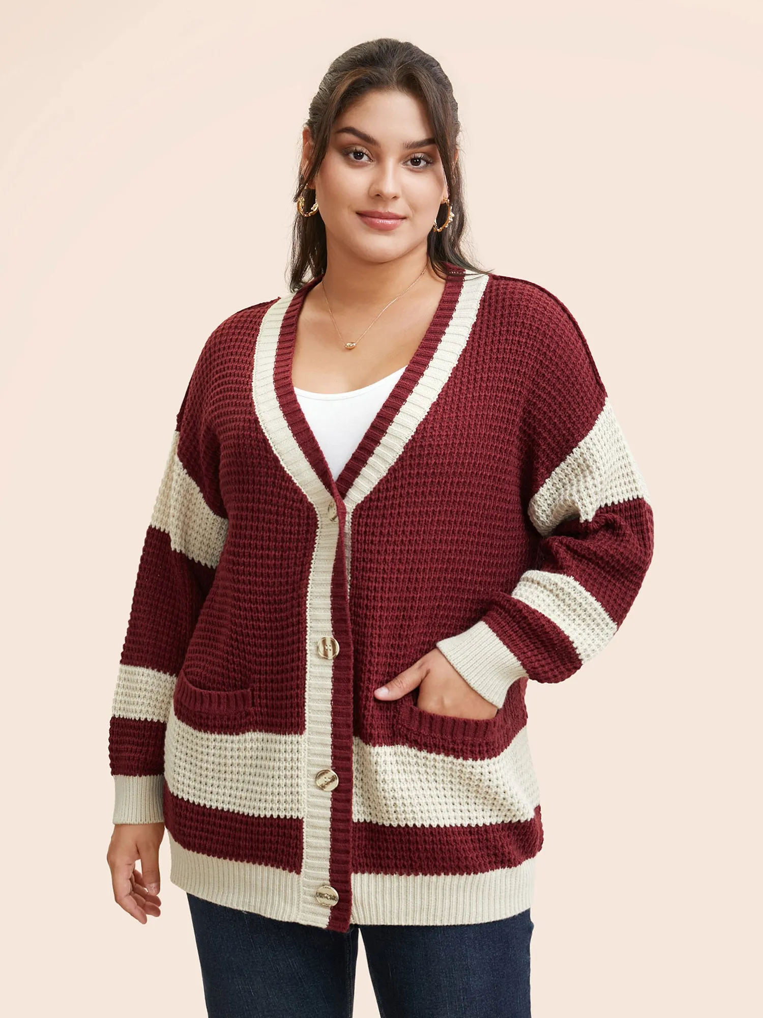 Colorblock Contrast Textured Patched Pocket Cardigan sold by Bloomchic product image thumbnail 3