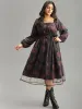 Floral Mesh Belted Gathered Lantern Sleeve Dress sold by Bloomchic