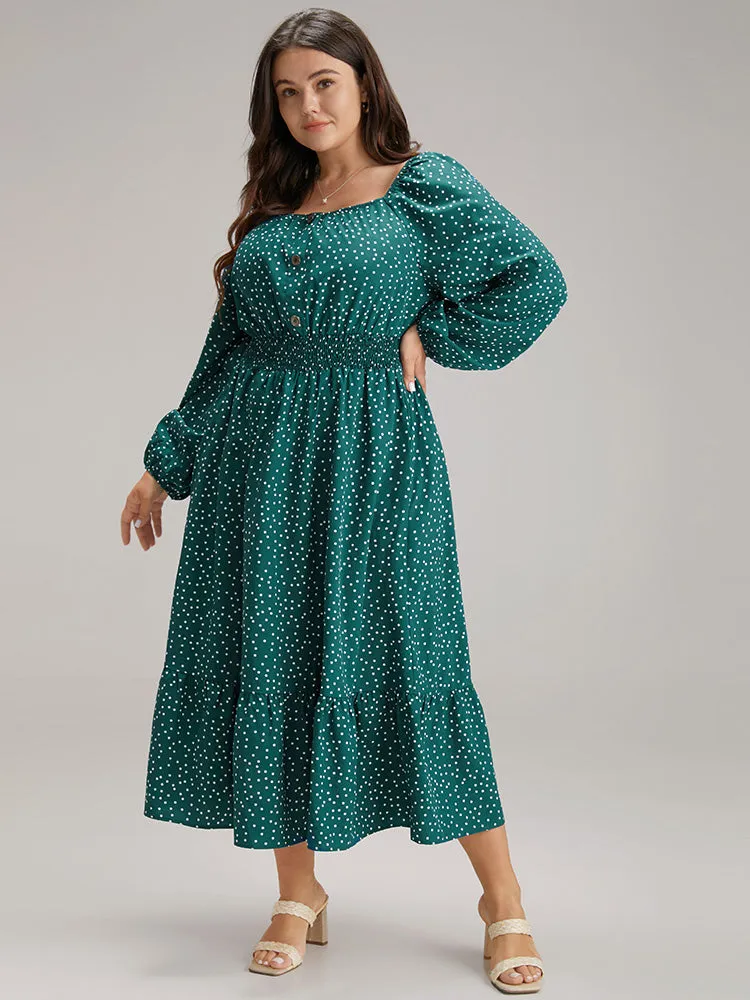Polka Dot Square Neck Shirred Button Detail Dress sold by Bloomchic