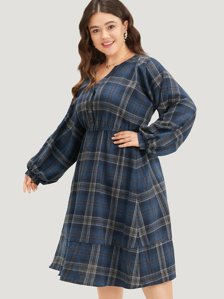 Plaid Notched Button Up Lantern Sleeve Dress sold by Bloomchic product image thumbnail 4