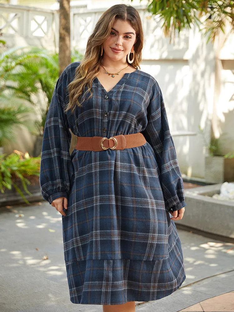 Plaid Notched Button Up Lantern Sleeve Dress sold by Bloomchic