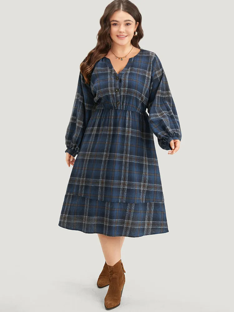 Plaid Notched Button Up Lantern Sleeve Dress sold by Bloomchic product image thumbnail 5