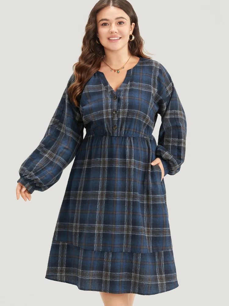 Plaid Notched Button Up Lantern Sleeve Dress sold by Bloomchic product image thumbnail 2