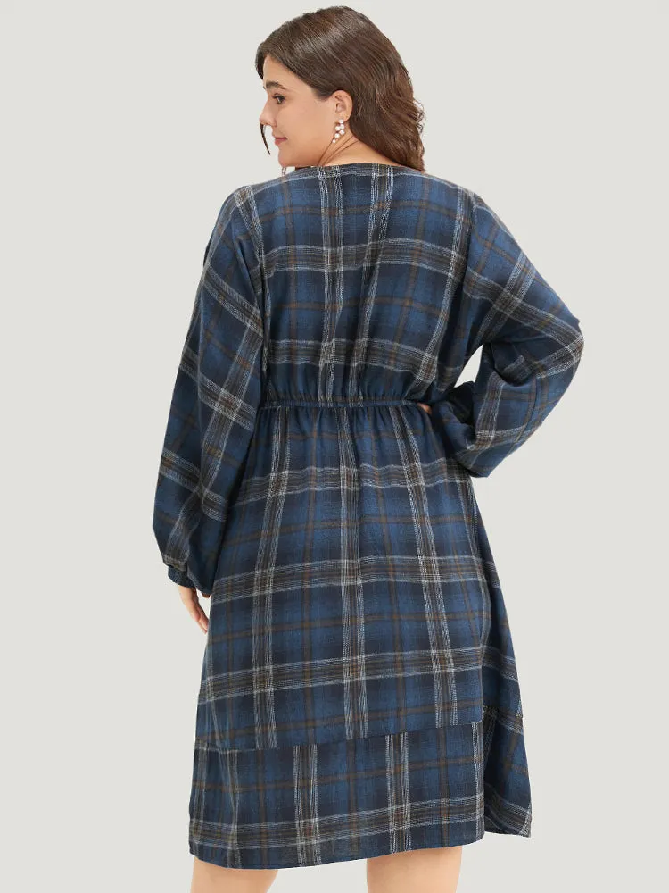 Plaid Notched Button Up Lantern Sleeve Dress sold by Bloomchic product image thumbnail 3
