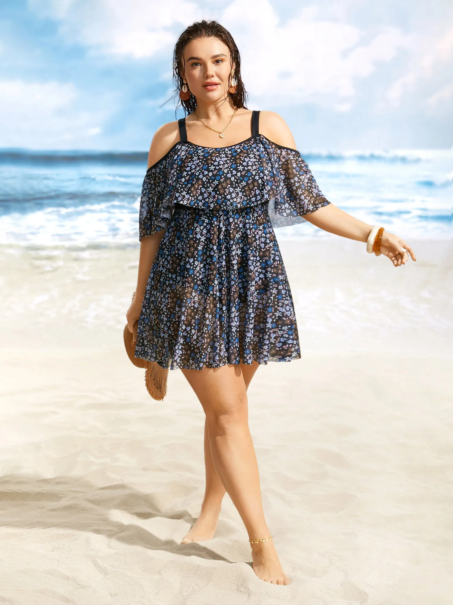 One Shoulder Ditsy Floral Ruffles Swim Dress sold by Bloomchic product image thumbnail 3