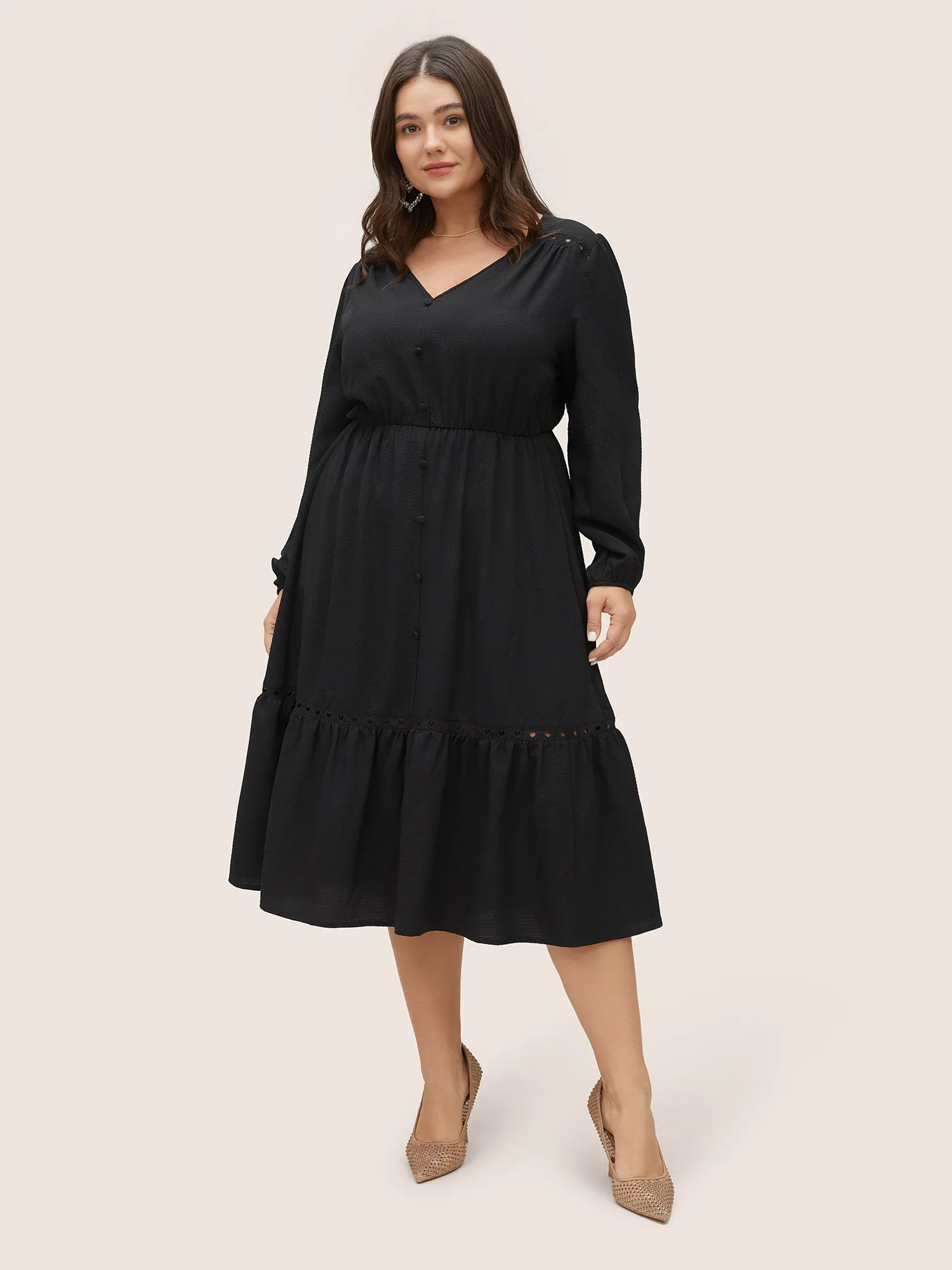 Hollow Out Lantern Sleeve Flutter Layered Hem Dress sold by Bloomchic product image thumbnail 3