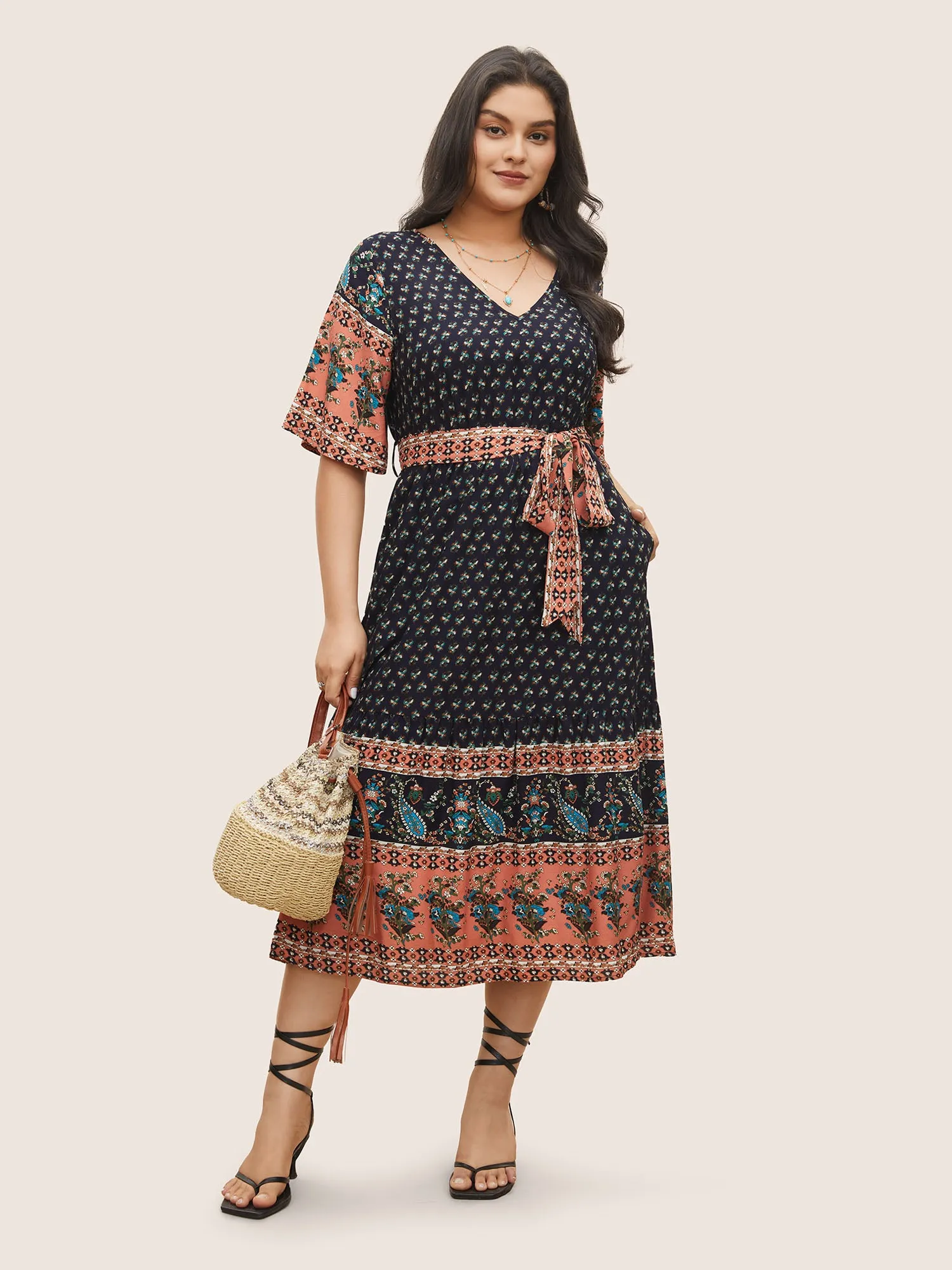 Paisley Print Belted Patchwork Ruffle Hem Dress sold by Bloomchic product image thumbnail 3