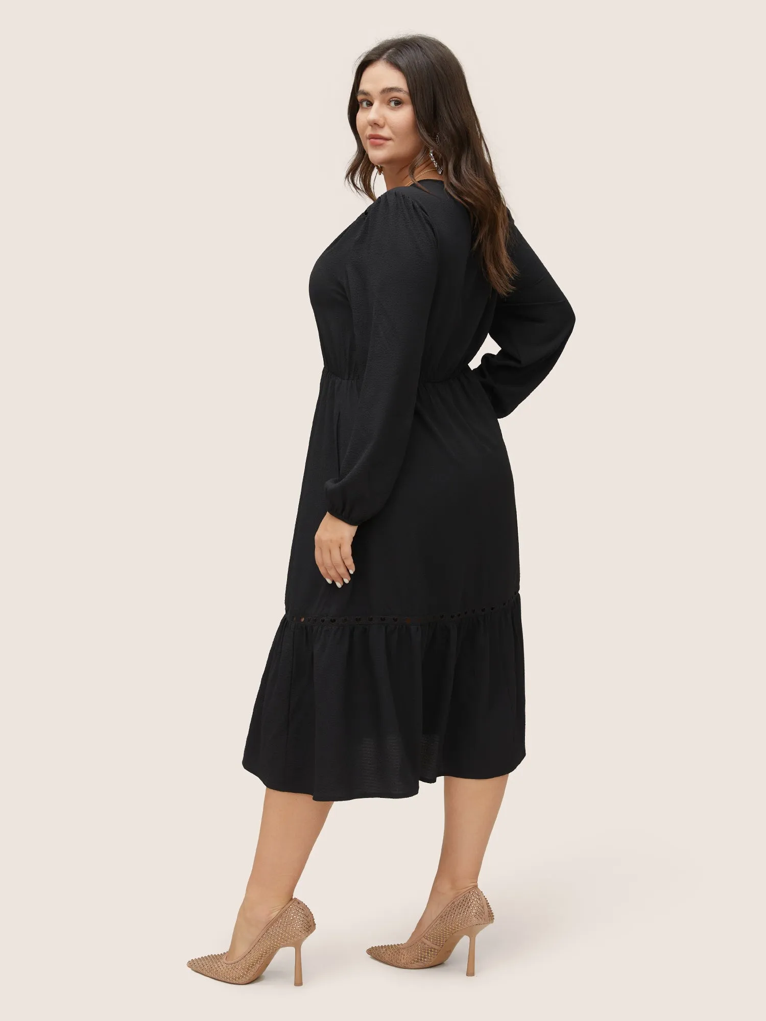 Hollow Out Lantern Sleeve Flutter Layered Hem Dress sold by Bloomchic product image thumbnail 4