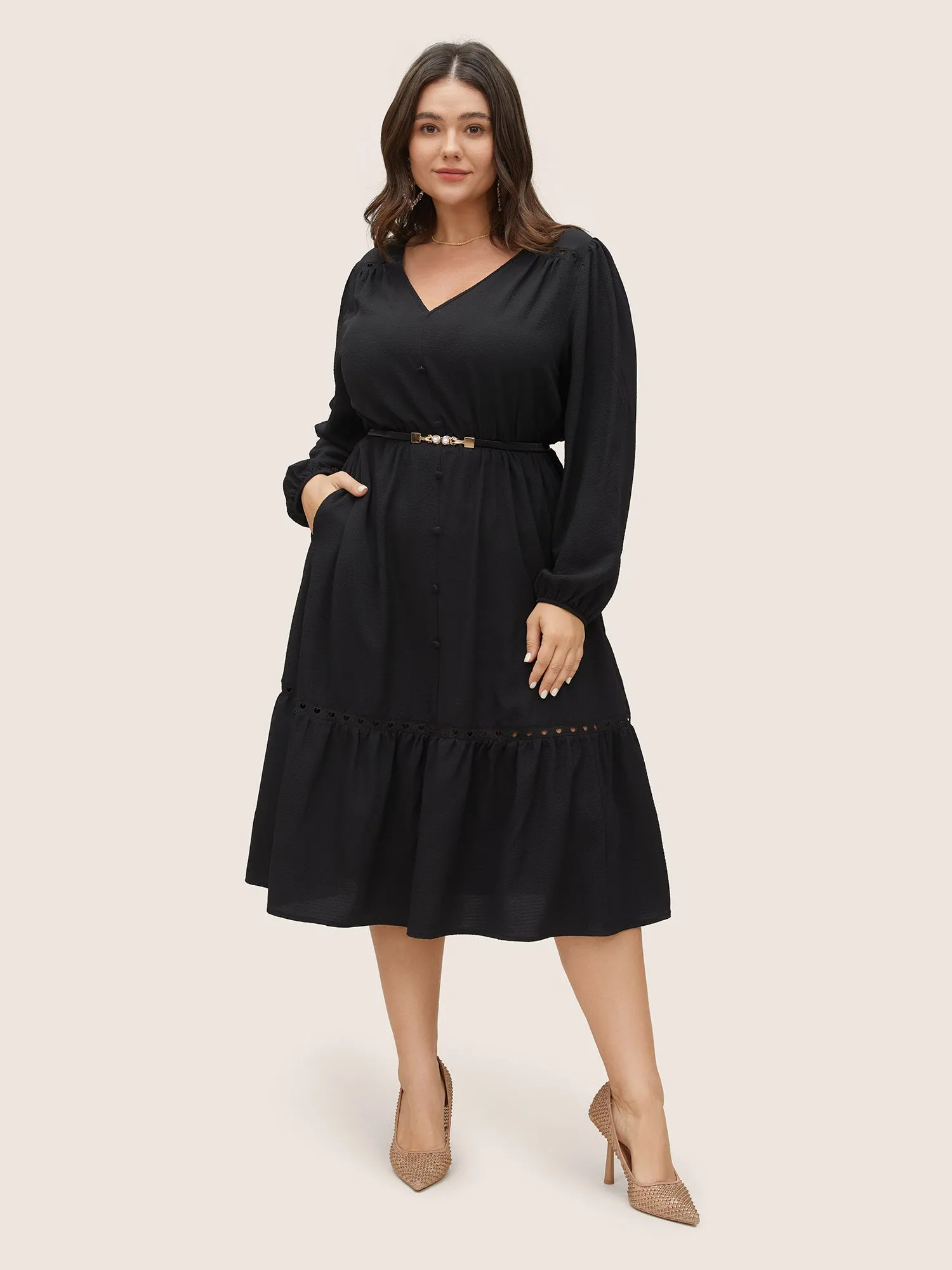 Hollow Out Lantern Sleeve Flutter Layered Hem Dress sold by Bloomchic