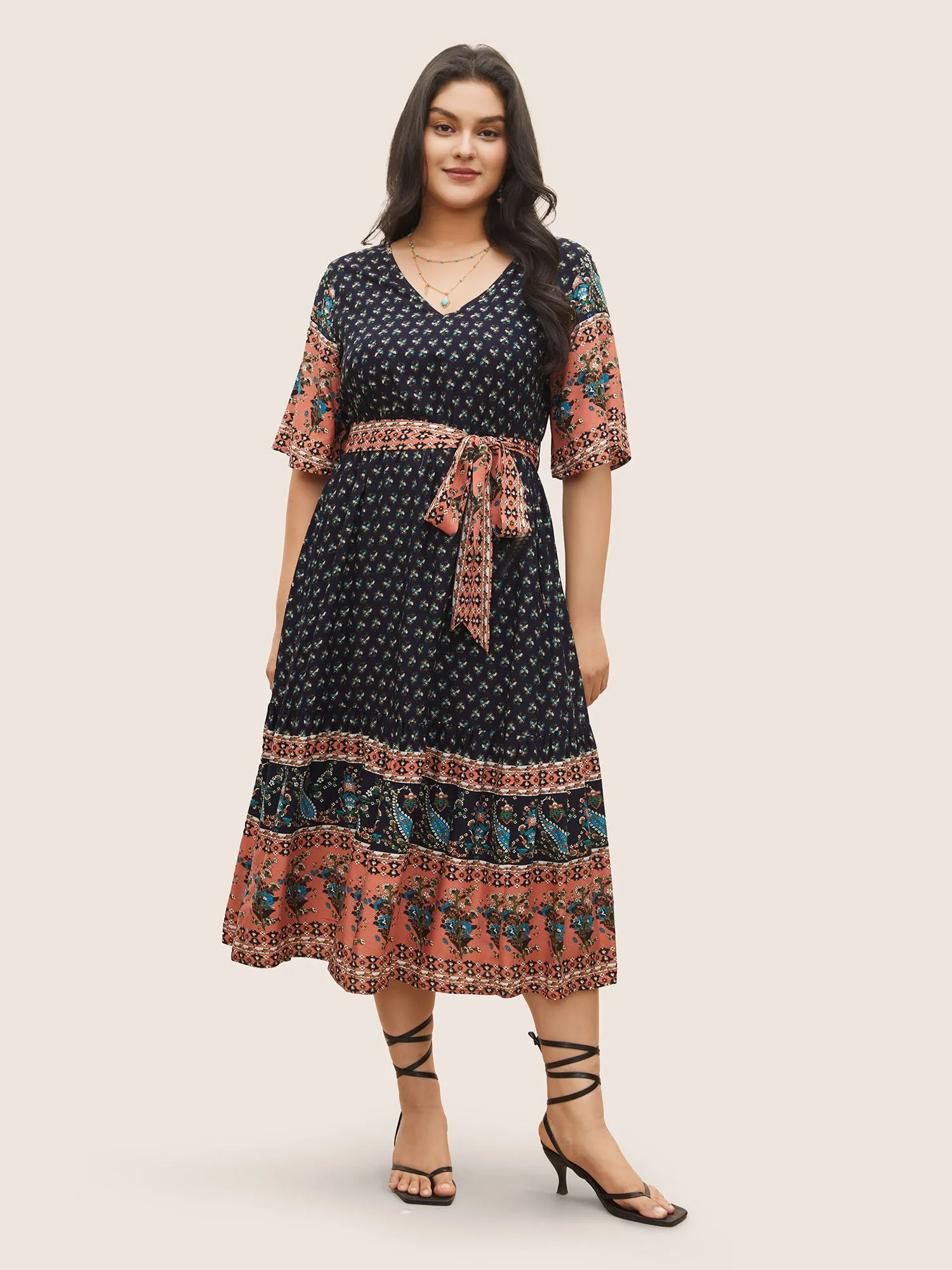 Paisley Print Belted Patchwork Ruffle Hem Dress sold by Bloomchic