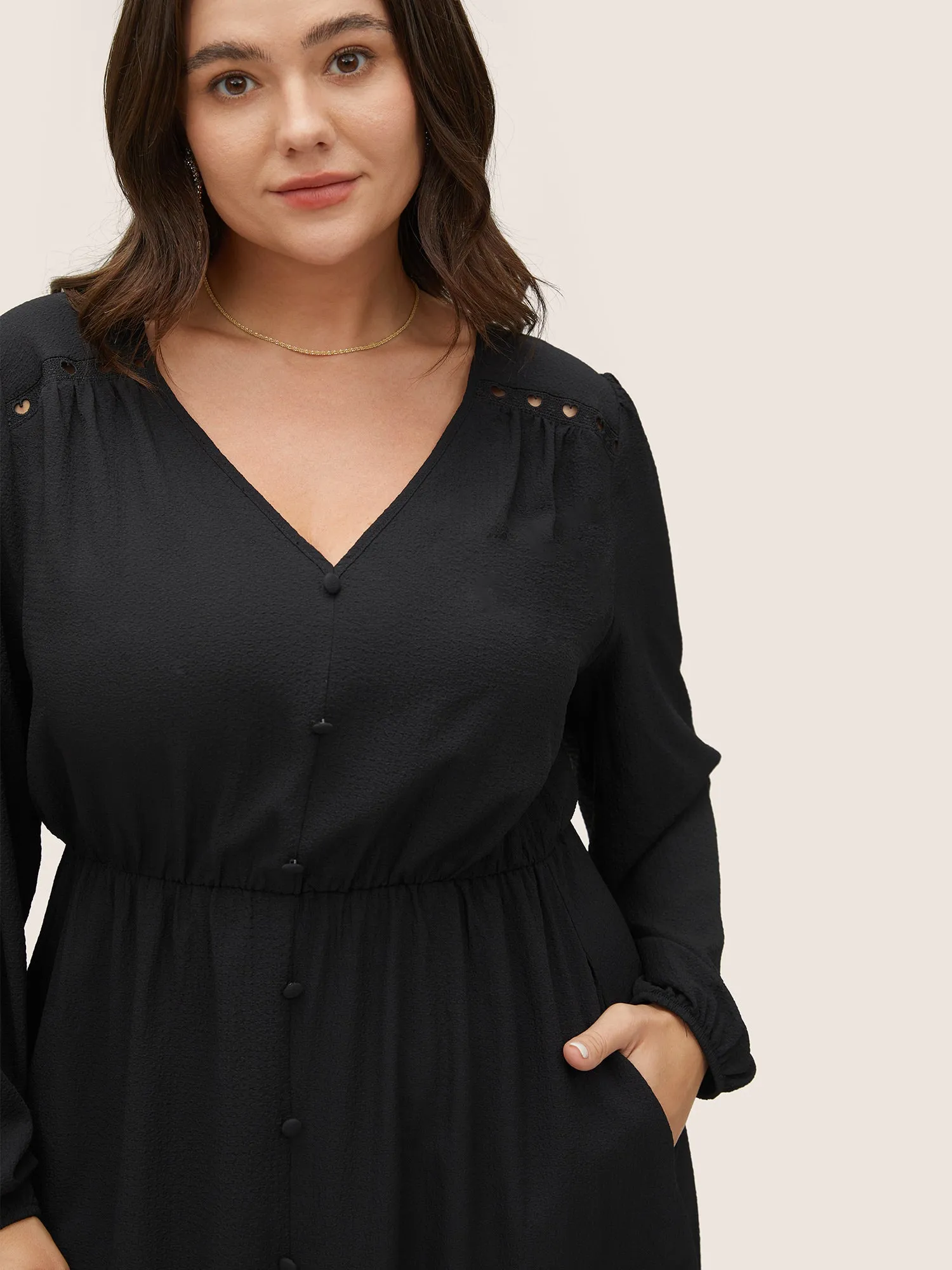 Hollow Out Lantern Sleeve Flutter Layered Hem Dress sold by Bloomchic product image thumbnail 2