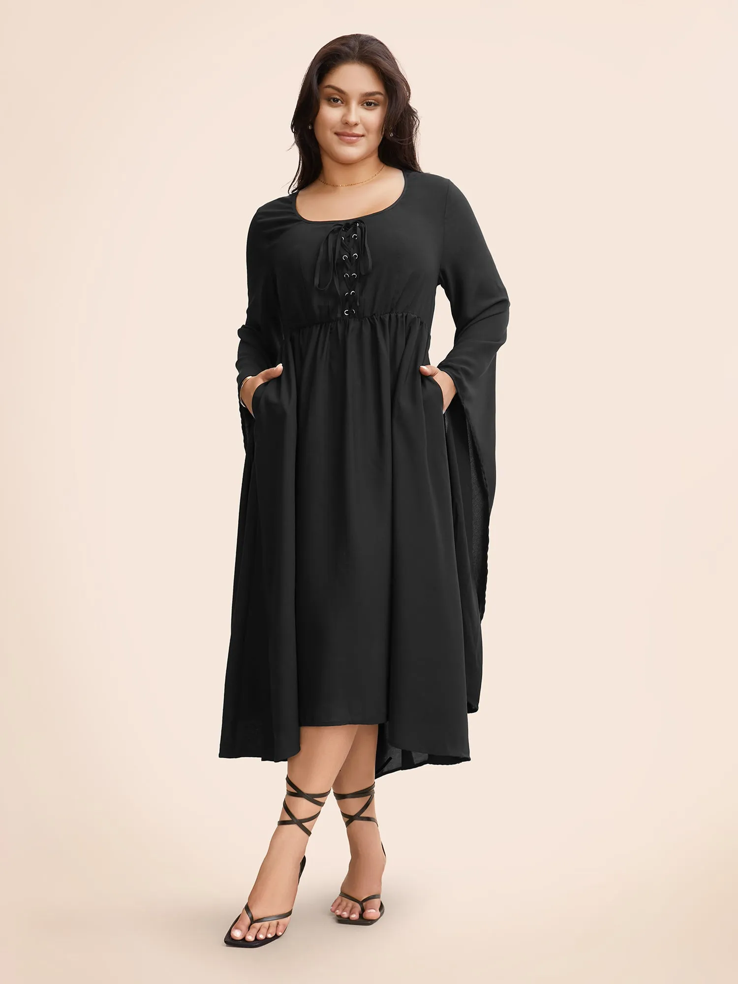 Solid Bell Sleeve Pocket Ties High Low Hem Dress sold by Bloomchic product image thumbnail 3