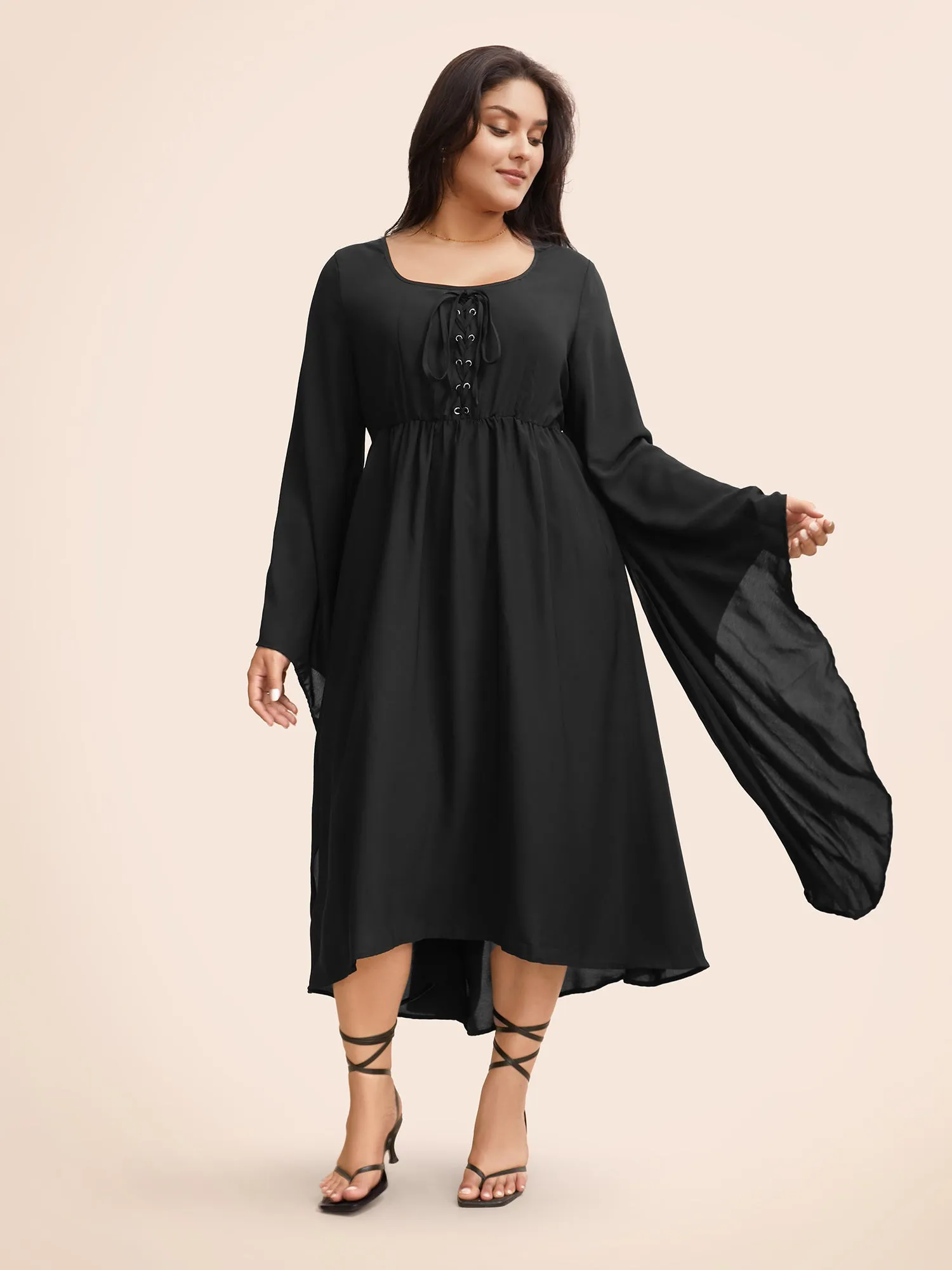 Solid Bell Sleeve Pocket Ties High Low Hem Dress sold by Bloomchic