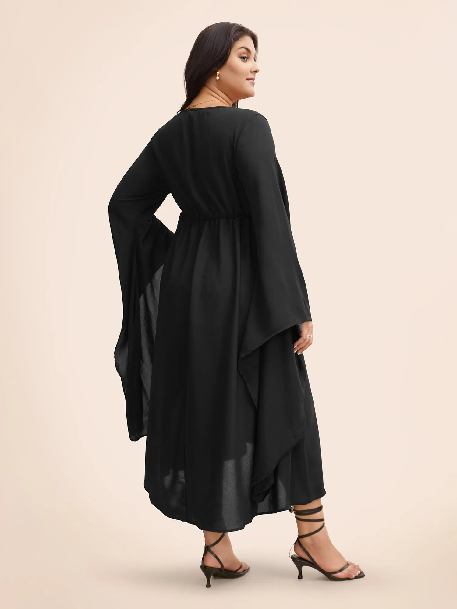 Solid Bell Sleeve Pocket Ties High Low Hem Dress sold by Bloomchic product image thumbnail 4