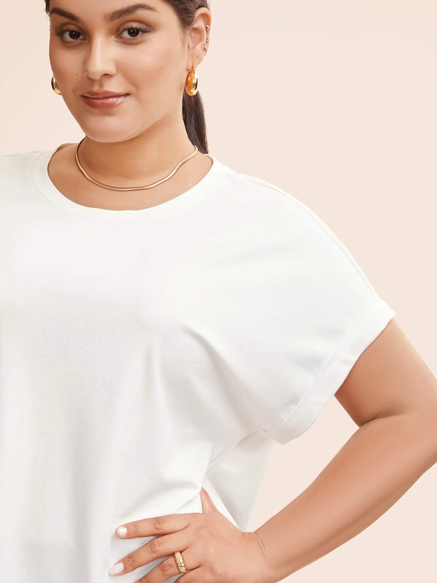 Solid Round Neck Cuffed Sleeve T-shirt sold by Bloomchic product image thumbnail 4