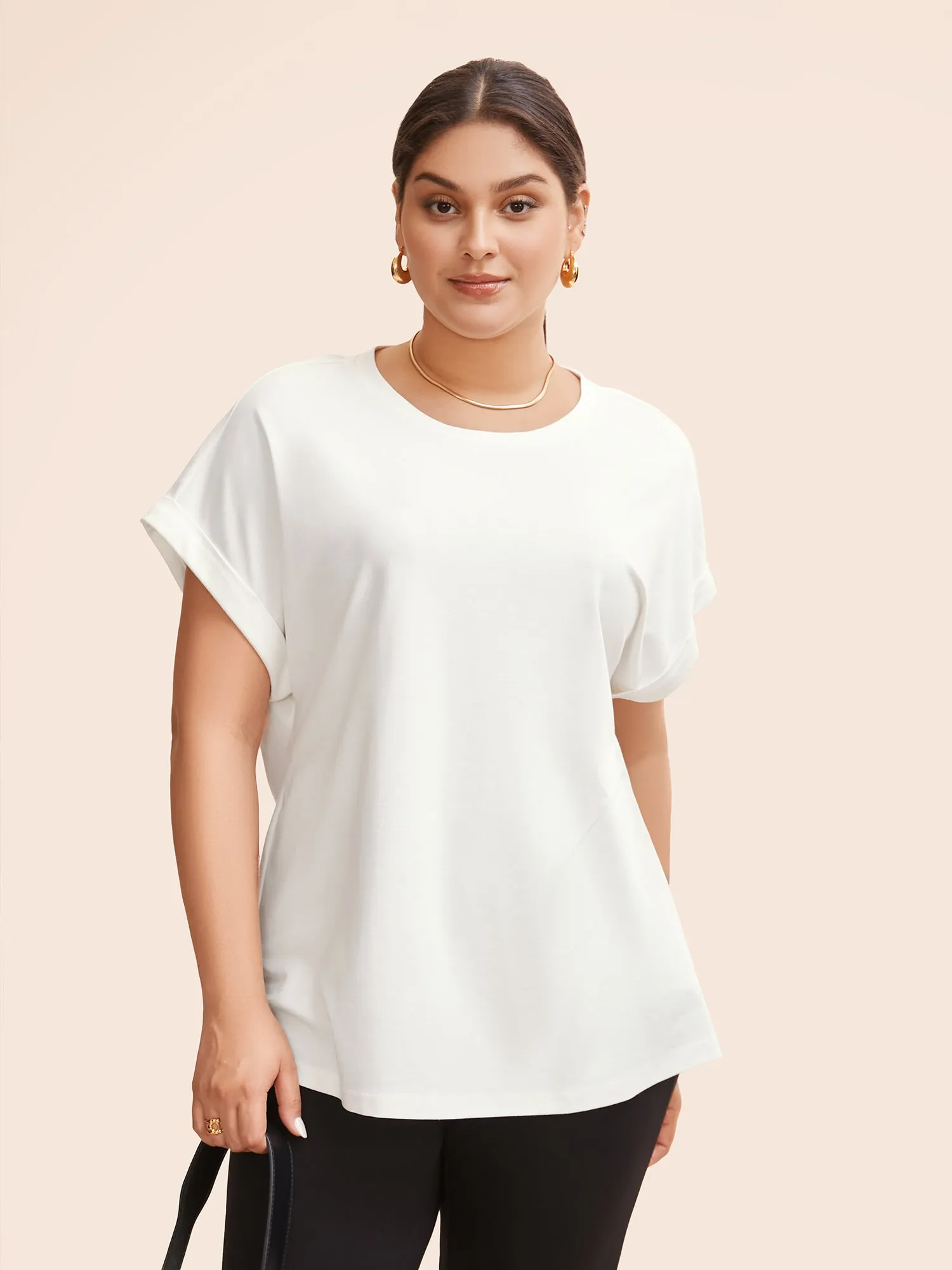 Solid Round Neck Cuffed Sleeve T-shirt sold by Bloomchic product image thumbnail 2