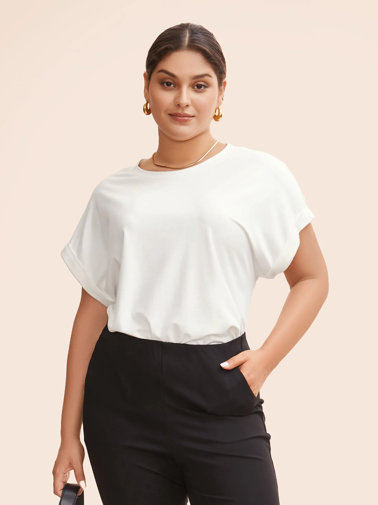 Solid Round Neck Cuffed Sleeve T-shirt sold by Bloomchic