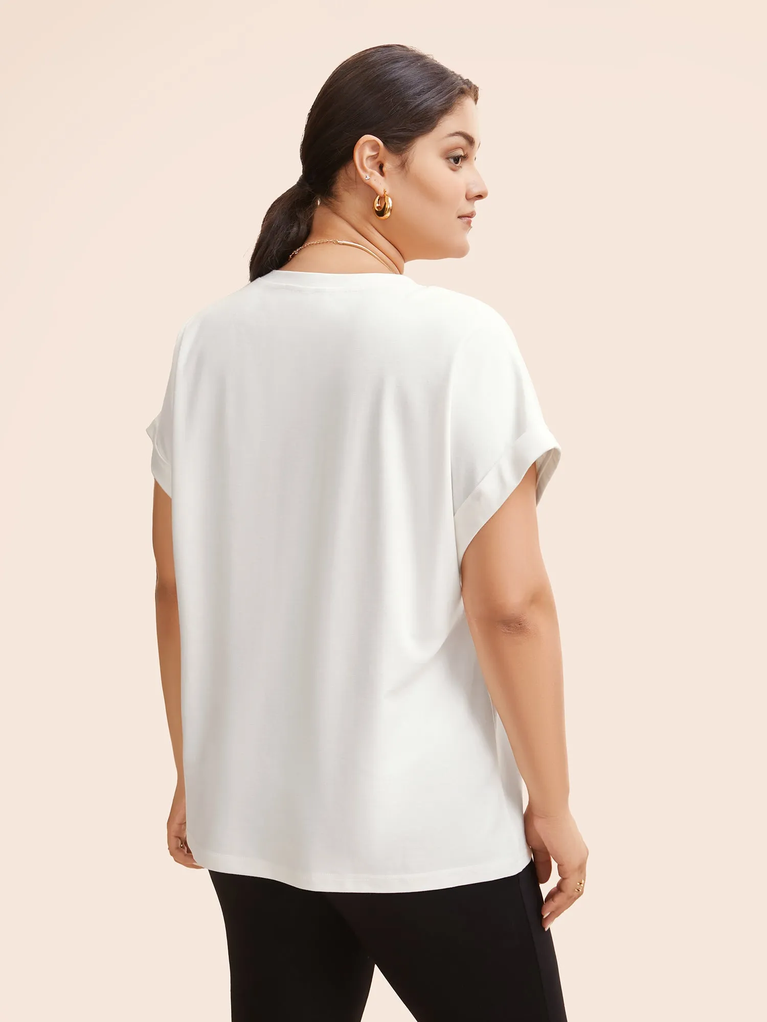 Solid Round Neck Cuffed Sleeve T-shirt sold by Bloomchic product image thumbnail 5