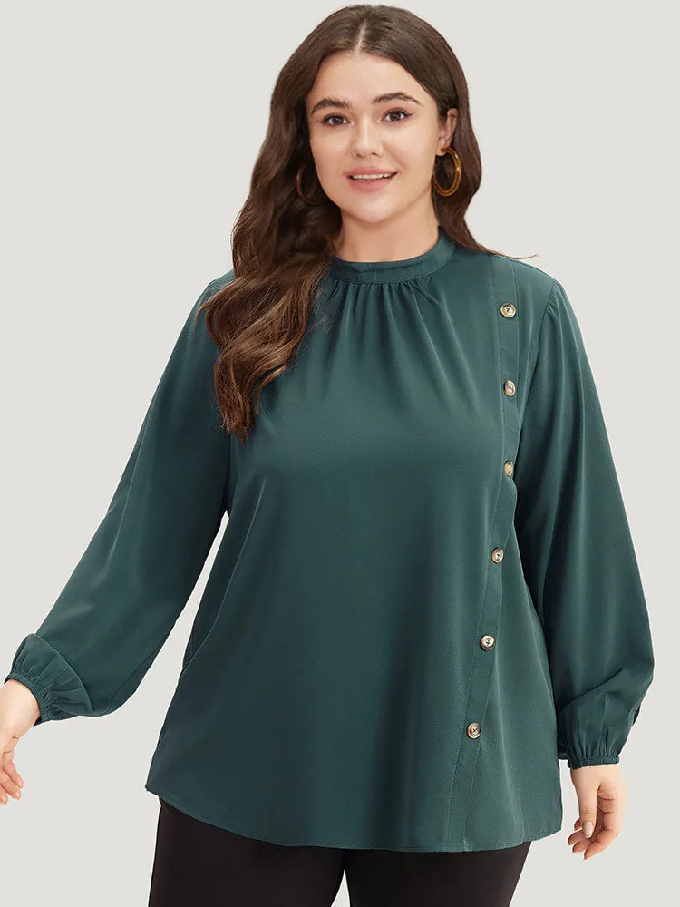 Anti-Wrinkle Asymmetrical Button Gathered Blouse sold by Bloomchic