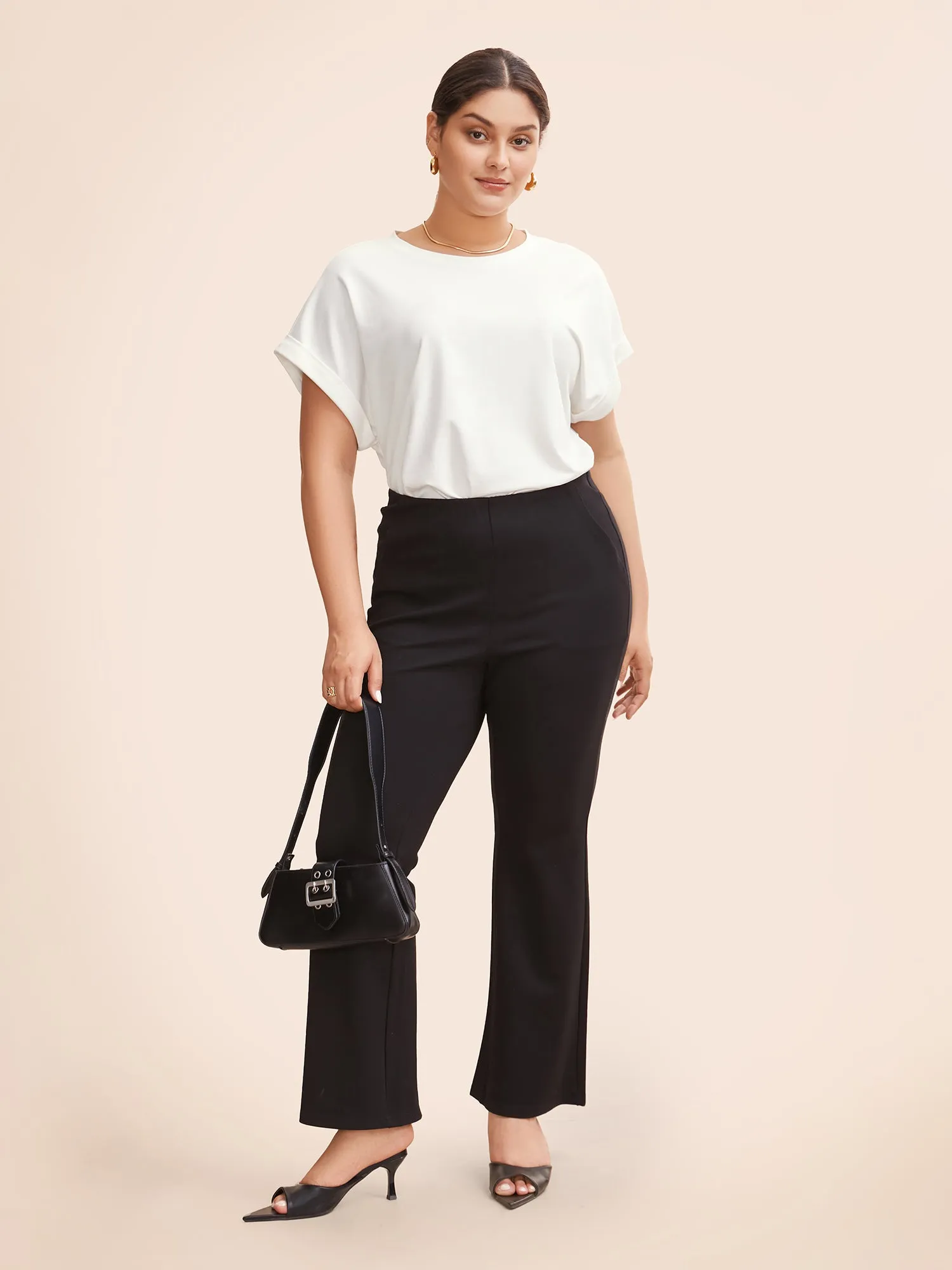 Solid Round Neck Cuffed Sleeve T-shirt sold by Bloomchic product image thumbnail 3