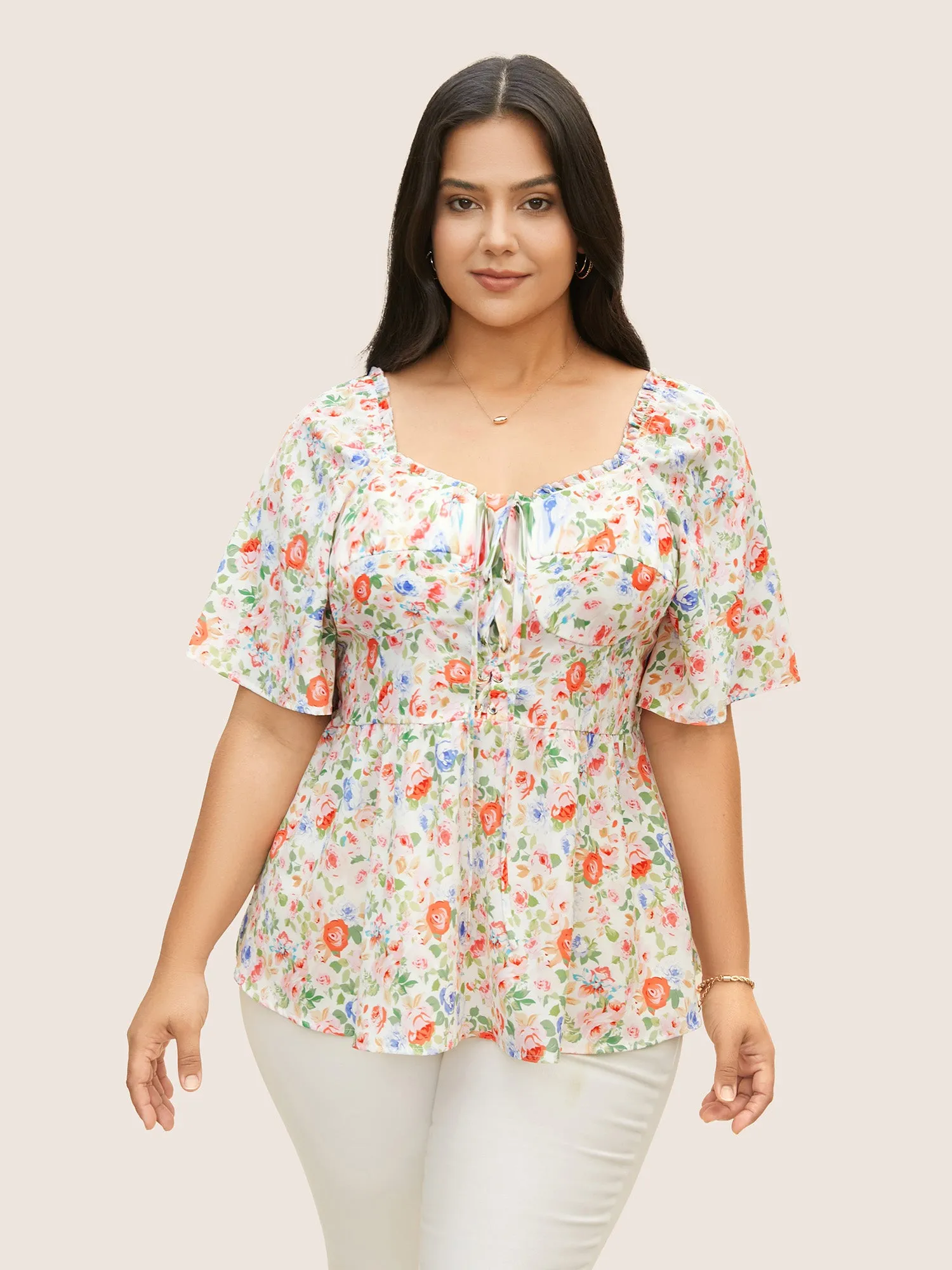 Heart Neckline Floral Frill Trim Blouse sold by Bloomchic