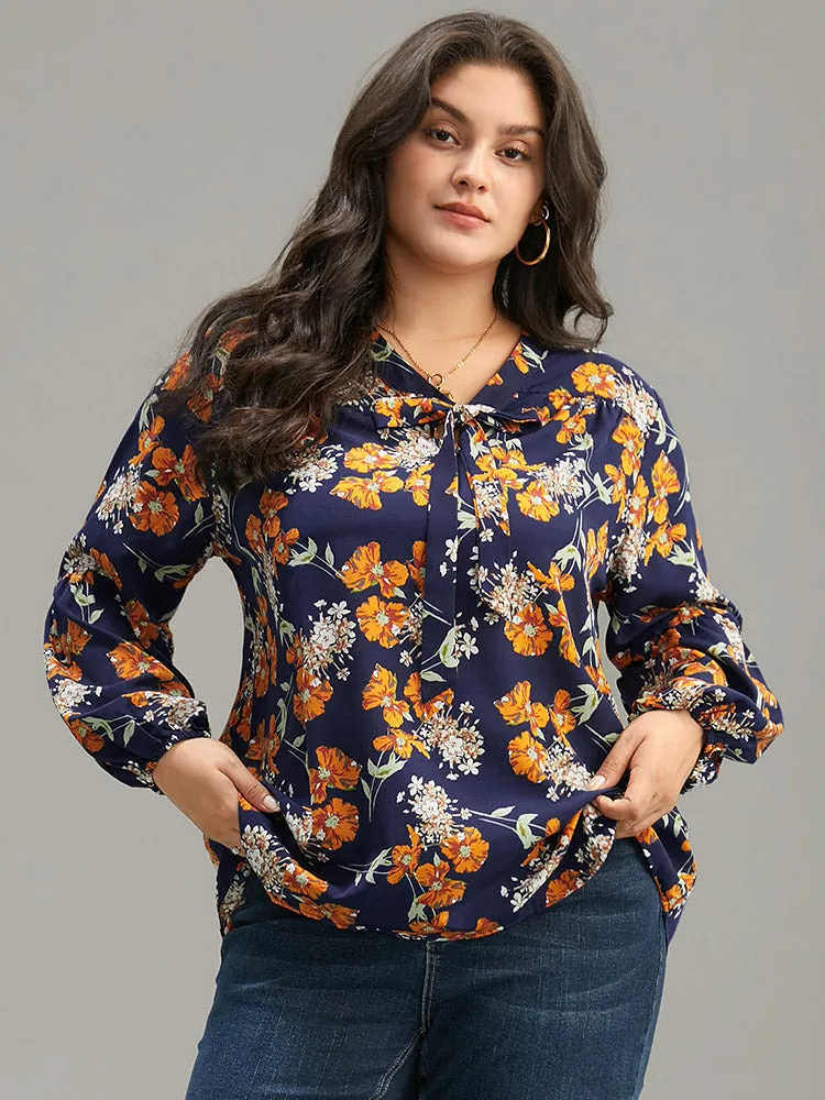 Floral Print Bowknot Ties Lantern Sleeve Blouse sold by Bloomchic