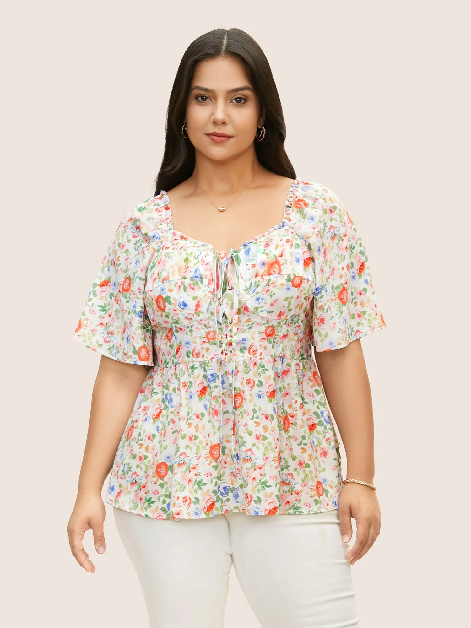 Heart Neckline Floral Frill Trim Blouse sold by Bloomchic product image thumbnail 4