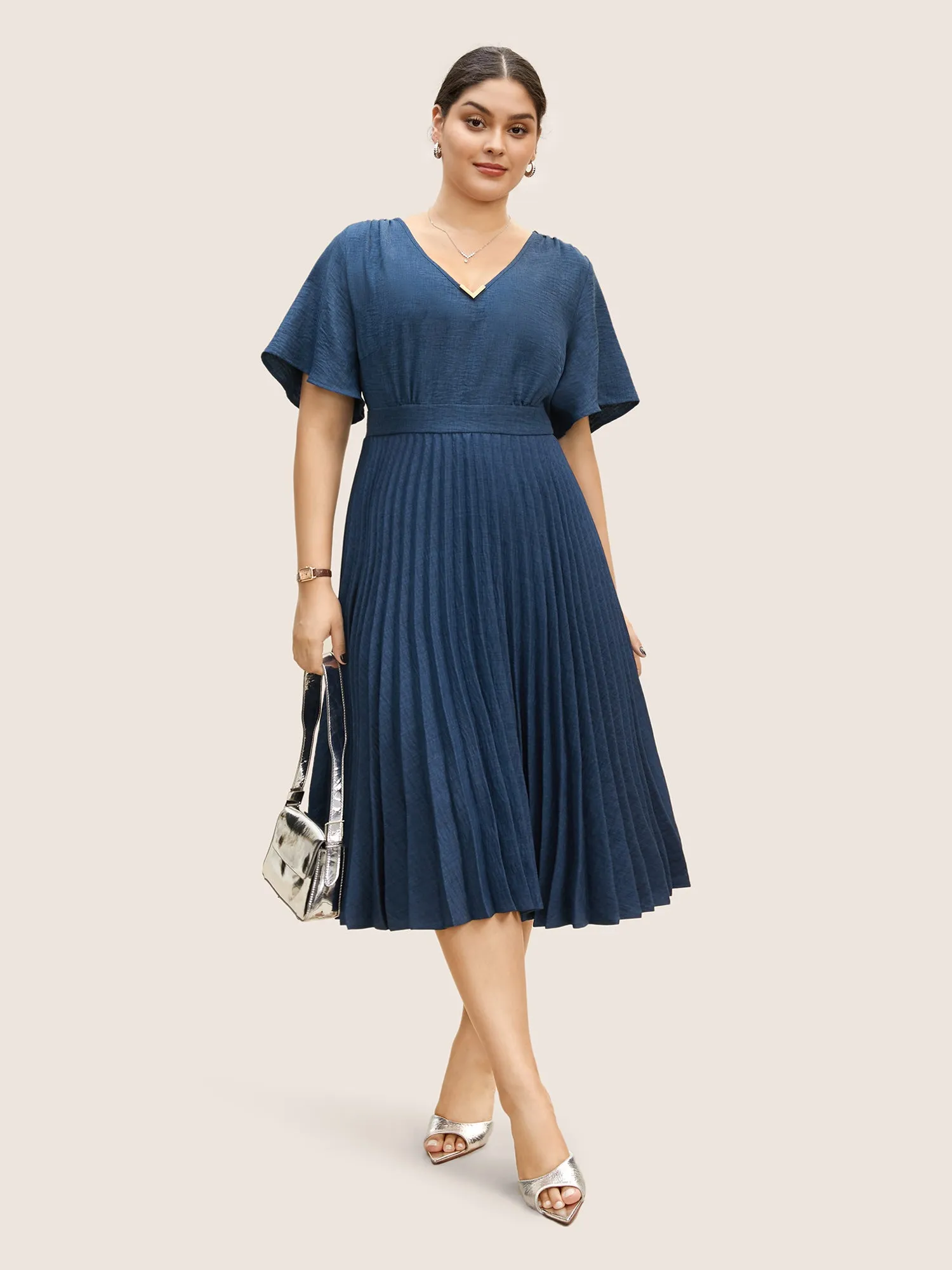 Plain Textured Pleated Metal Detail Midi Dress sold by Bloomchic