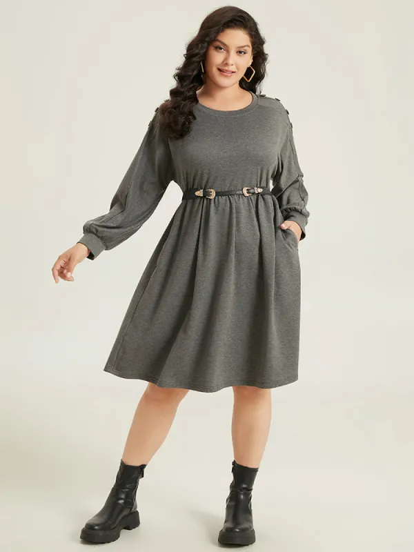 Plain Button Detail Pocket Gathered Dress sold by Bloomchic