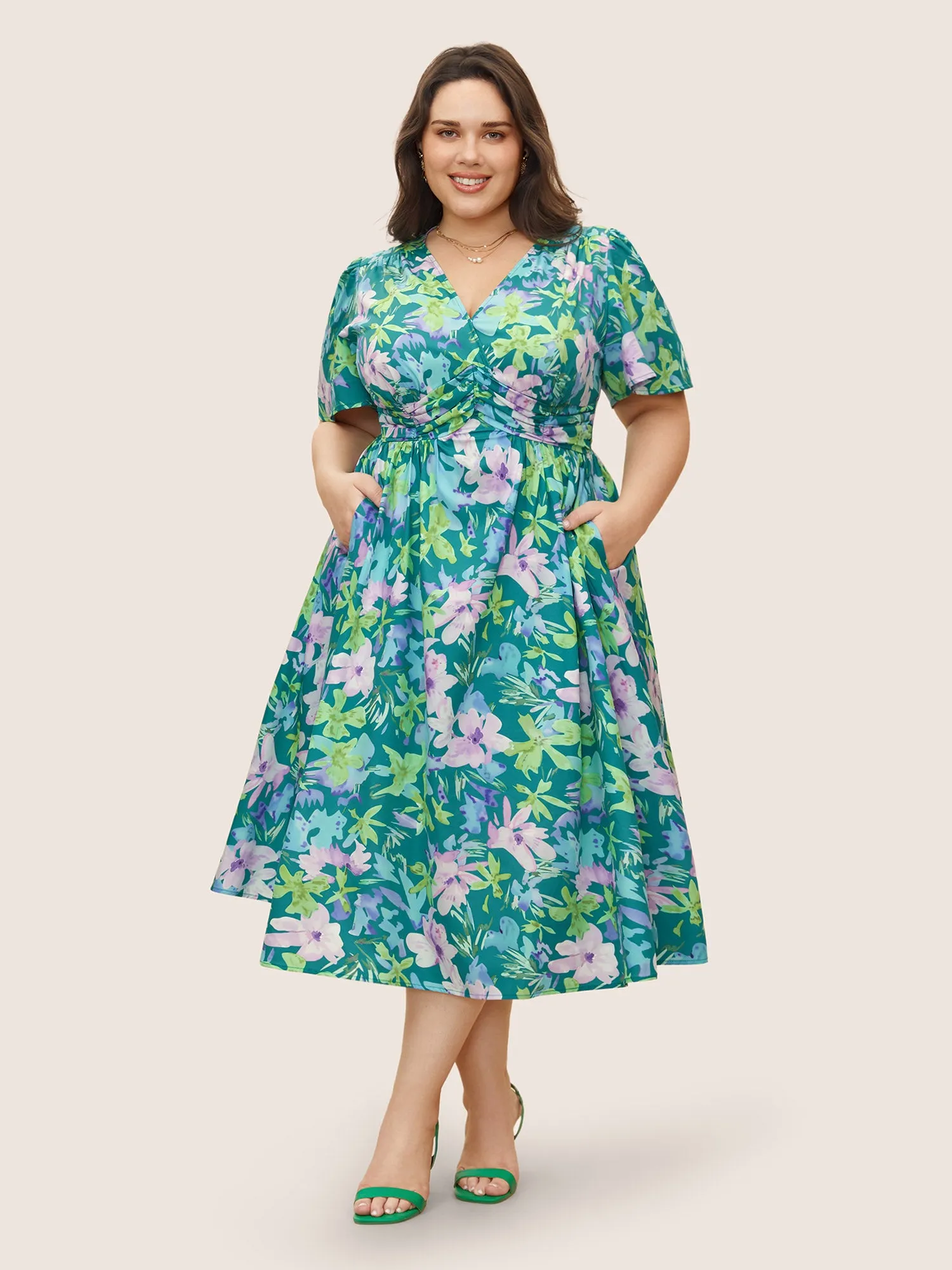 Floral Print Pleated Ruffle Sleeve Dress sold by Bloomchic product image thumbnail 2
